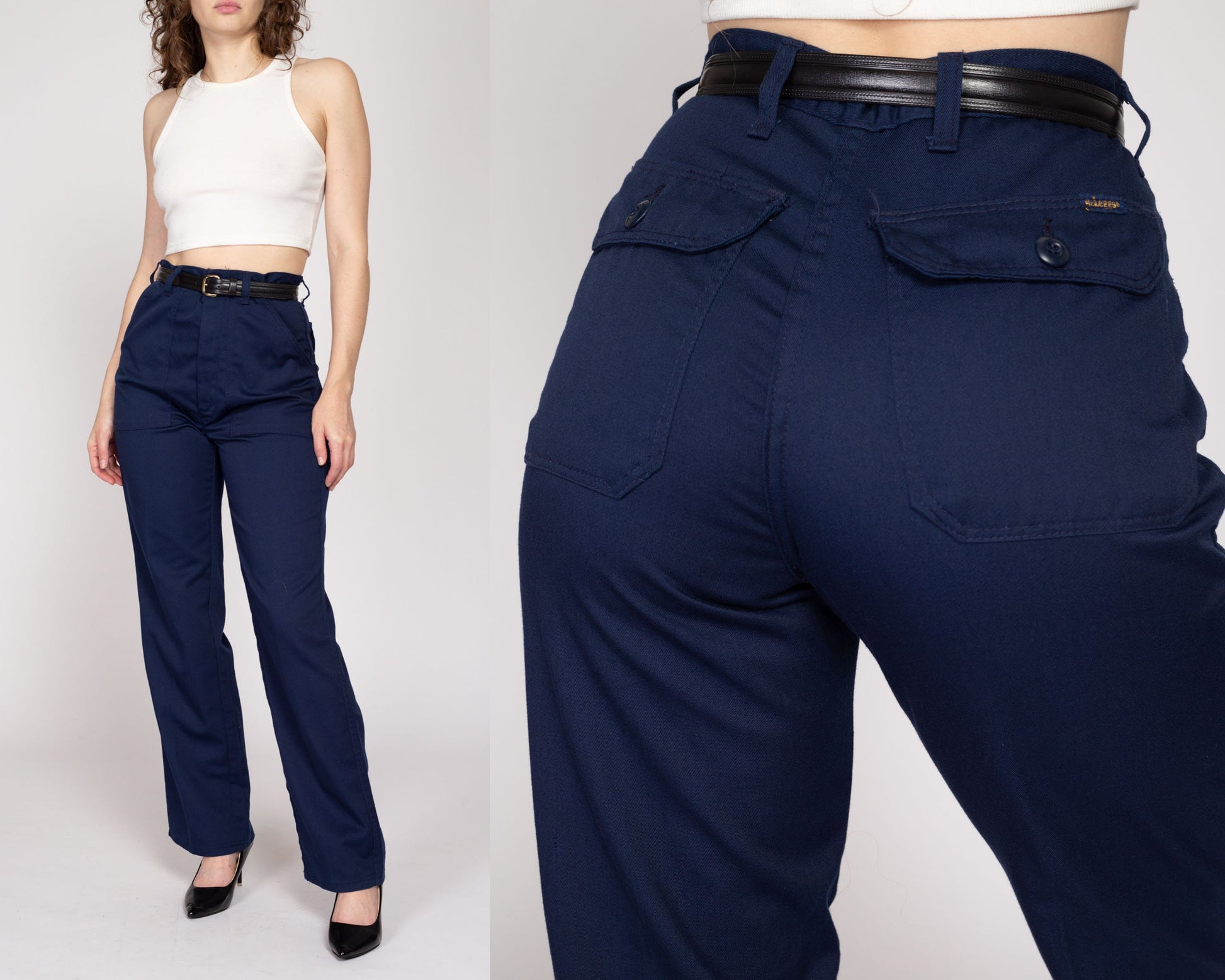Medium 70s Navy Blue Straight Leg Pants 29" | Vintage High Waisted Cargo Pocket Trousers