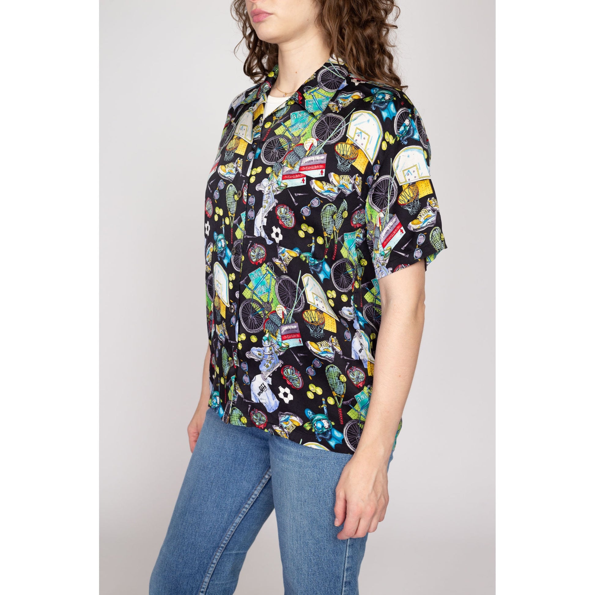 Medium 90s Nicole Miller Sport Novelty Print Silk Shirt | Vintage Limited Edition All Over Pattern Black Button Up Collared Top