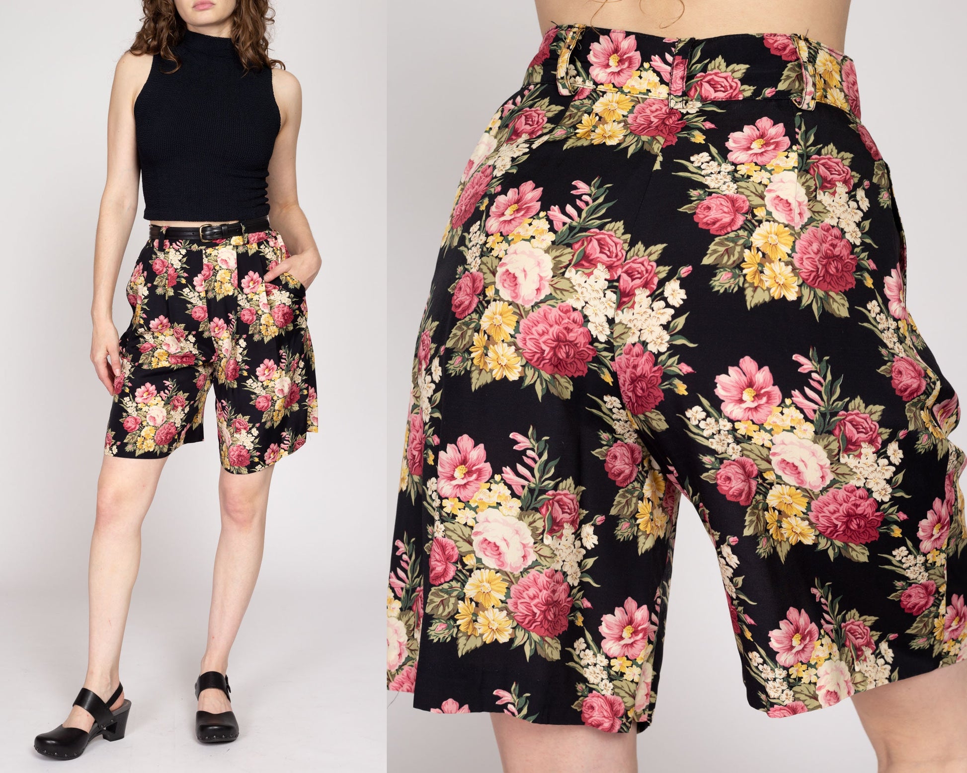 Sm-Med 90s Black Floral High Waisted Shorts | Vintage Ann Taylor Rayon Pleated Casual Summer Shorts