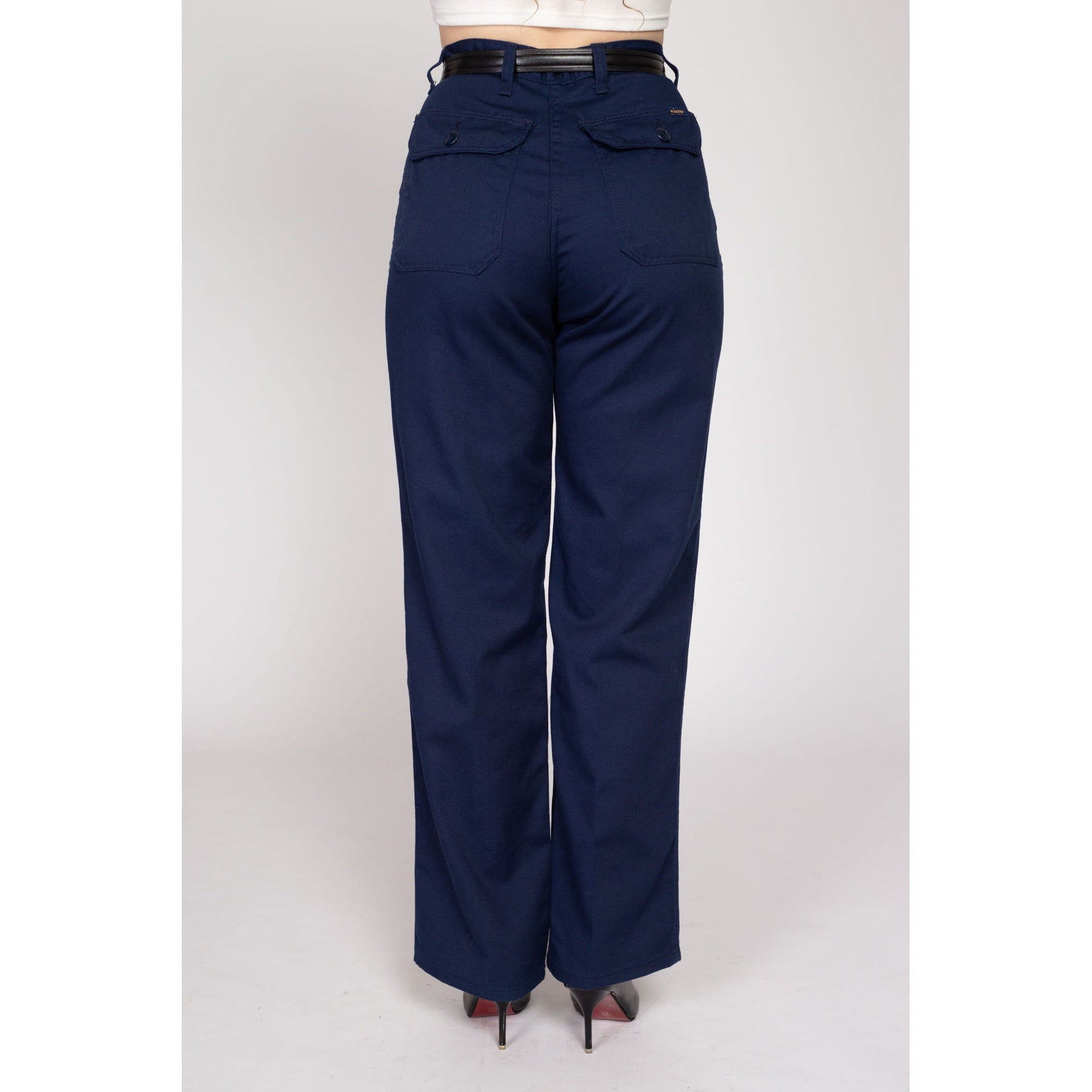 Medium 70s Navy Blue Straight Leg Pants 29" | Vintage High Waisted Cargo Pocket Trousers