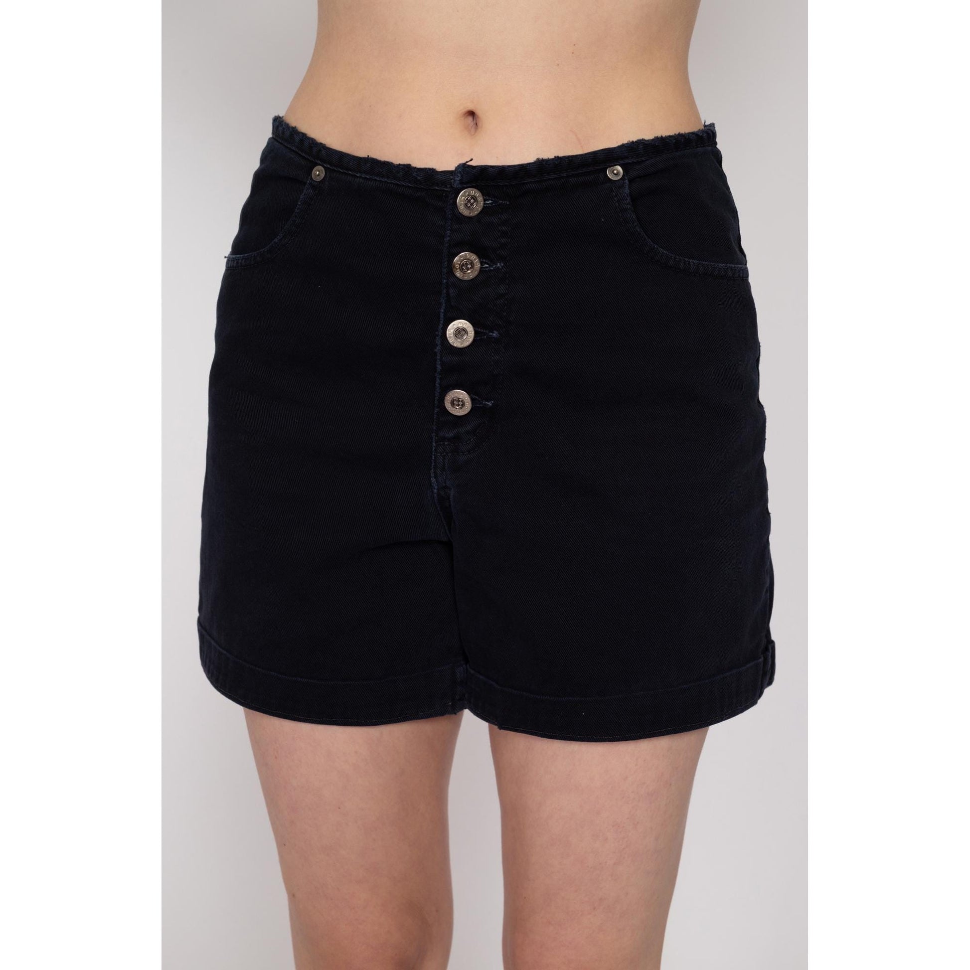 Medium 80s Faded Black Button Fly Jean Shorts 29" | Vintage High Waisted Cuffed Dark Wash Denim Shorts