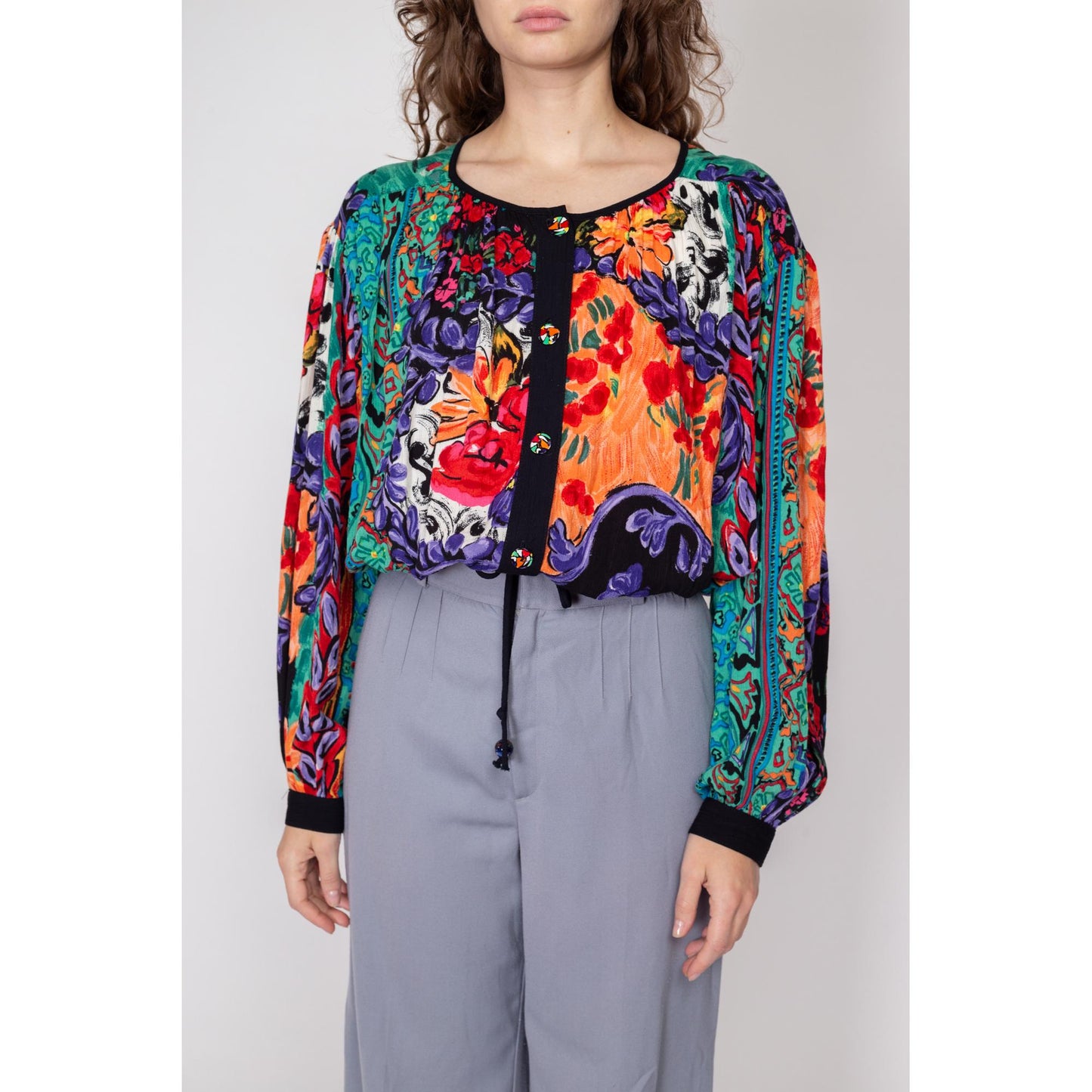 Med-Lrg 80s Watercolor Floral Slouchy Drawstring Crop Top | Vintage Waist Grunge Red Green Button Up Blouse