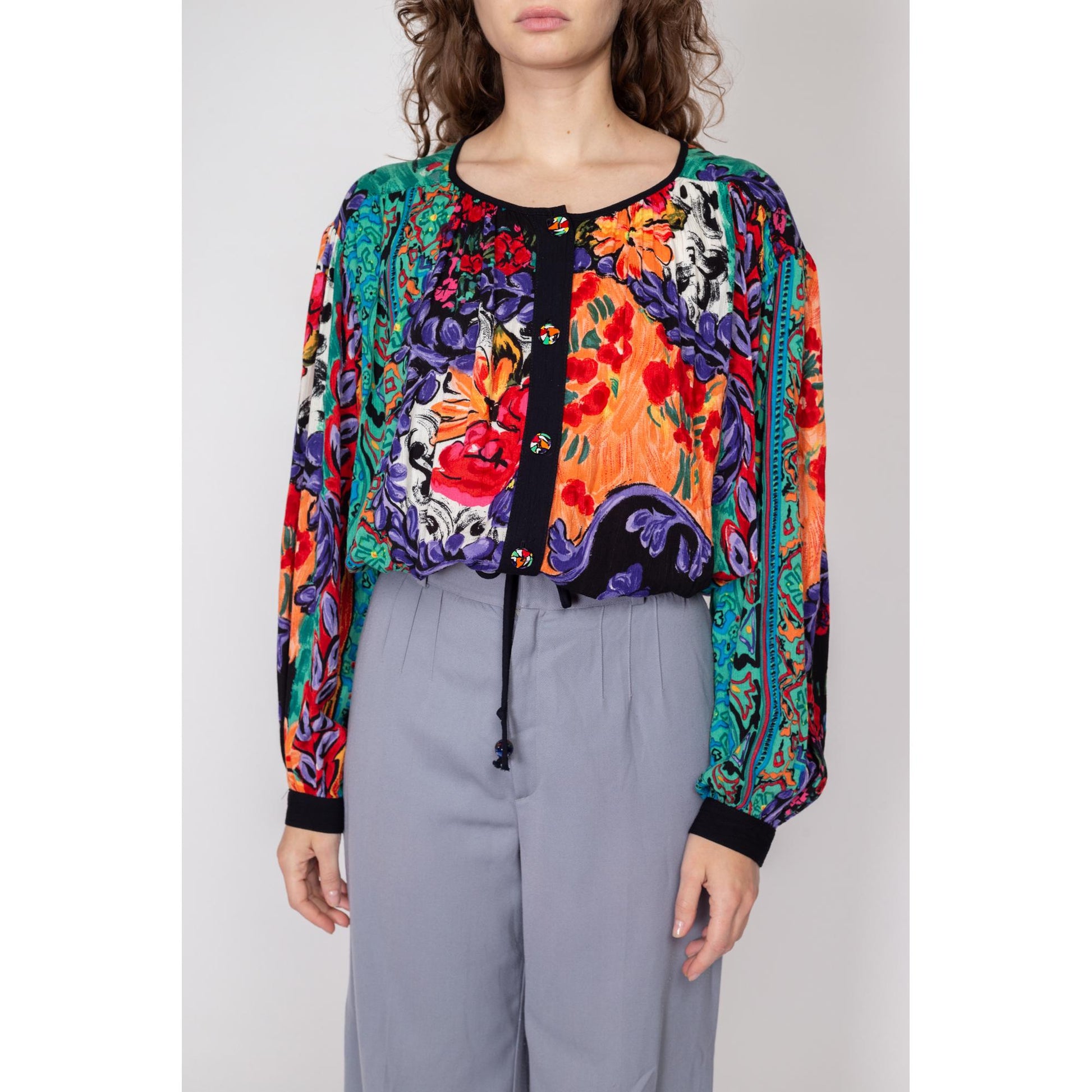 Med-Lrg 80s Watercolor Floral Slouchy Drawstring Crop Top | Vintage Waist Grunge Red Green Button Up Blouse