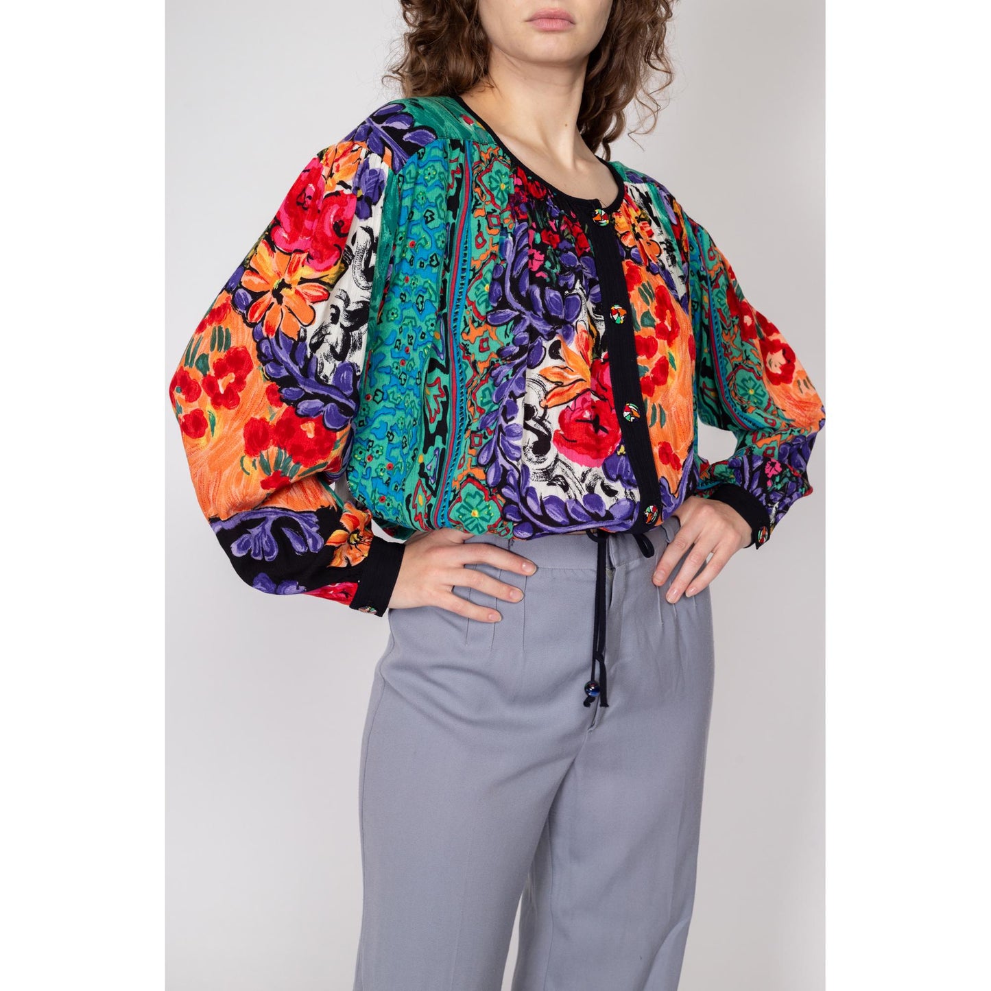 Med-Lrg 80s Watercolor Floral Slouchy Drawstring Crop Top | Vintage Waist Grunge Red Green Button Up Blouse