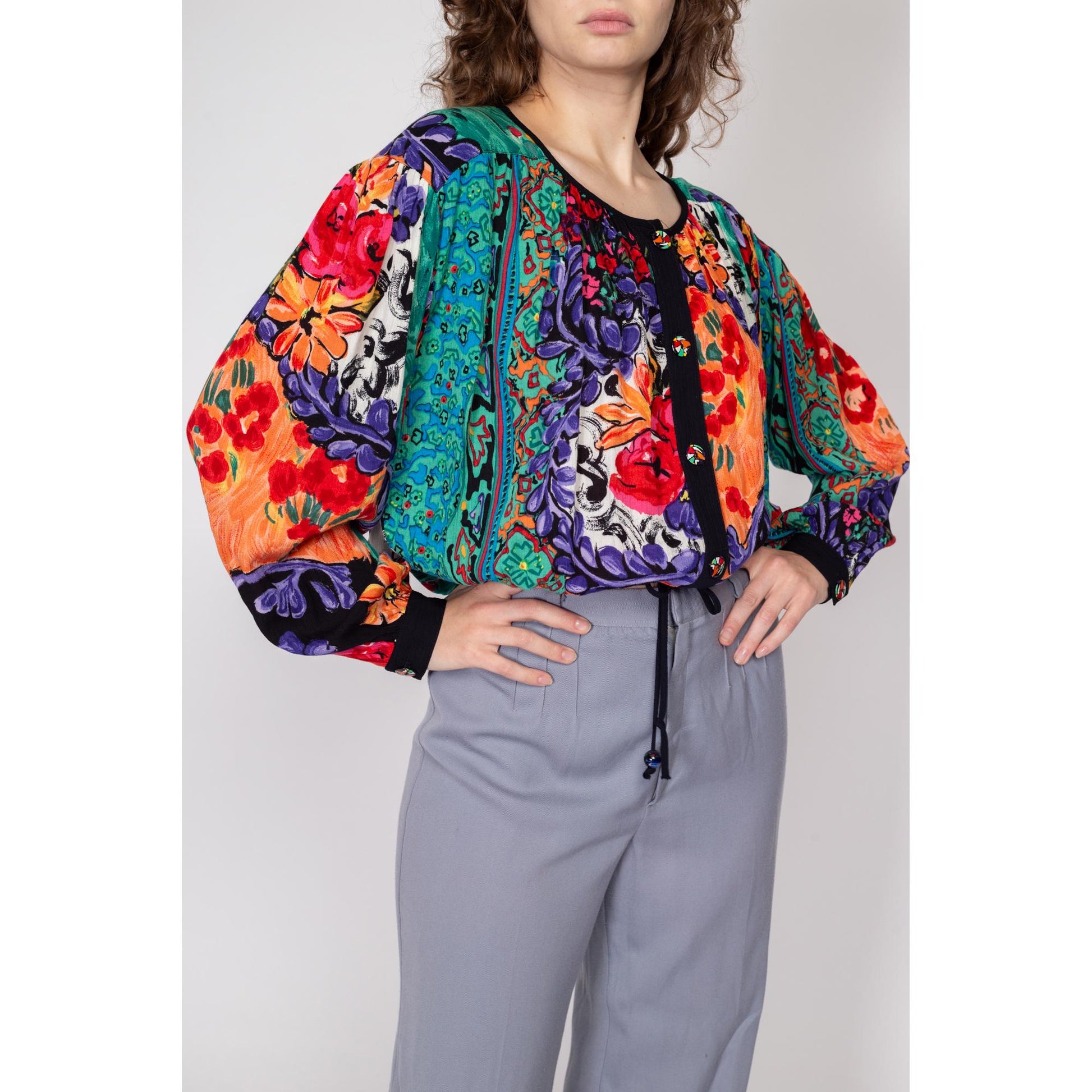 Med-Lrg 80s Watercolor Floral Slouchy Drawstring Crop Top | Vintage Waist Grunge Red Green Button Up Blouse