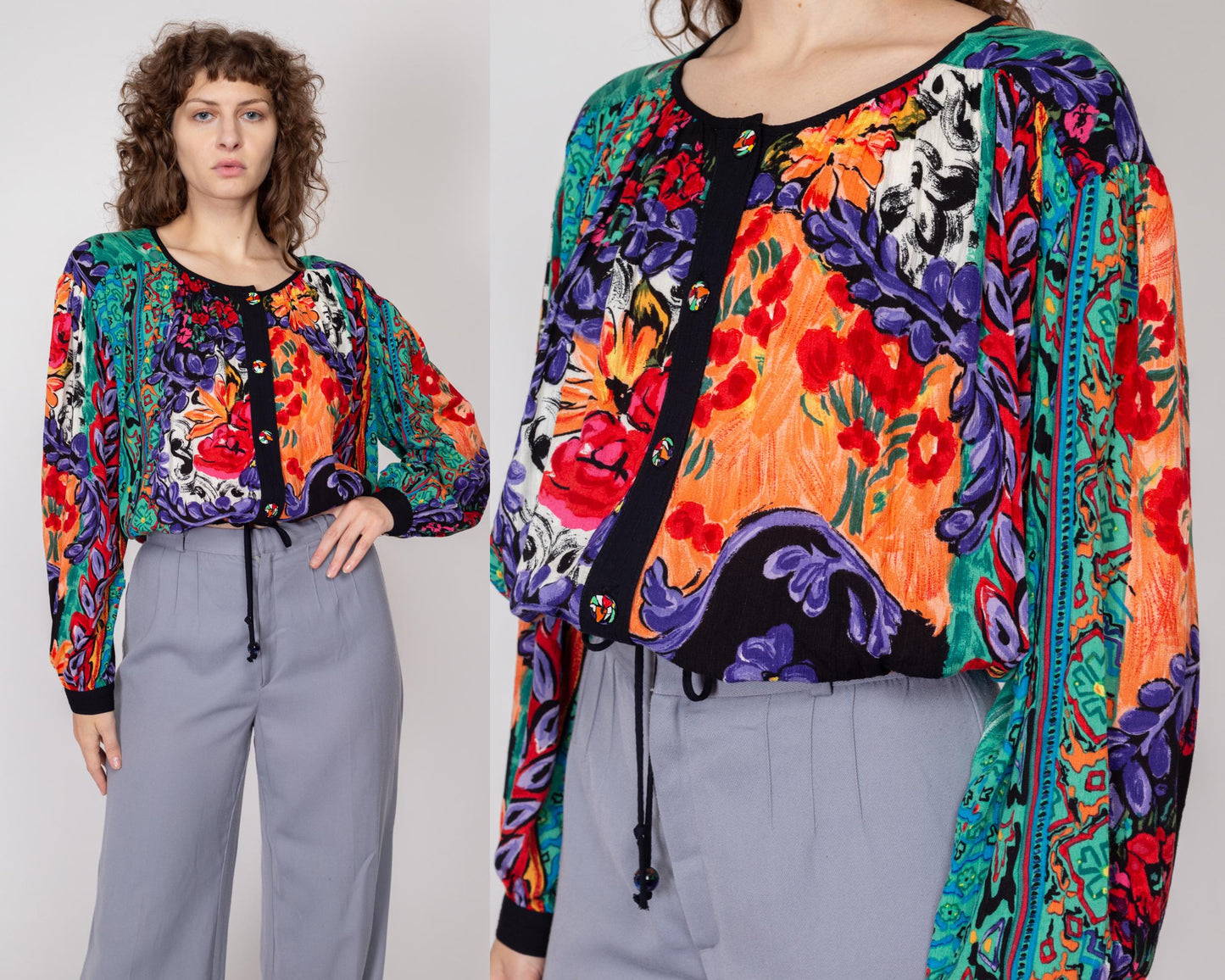 Med-Lrg 80s Watercolor Floral Slouchy Drawstring Crop Top | Vintage Waist Grunge Red Green Button Up Blouse