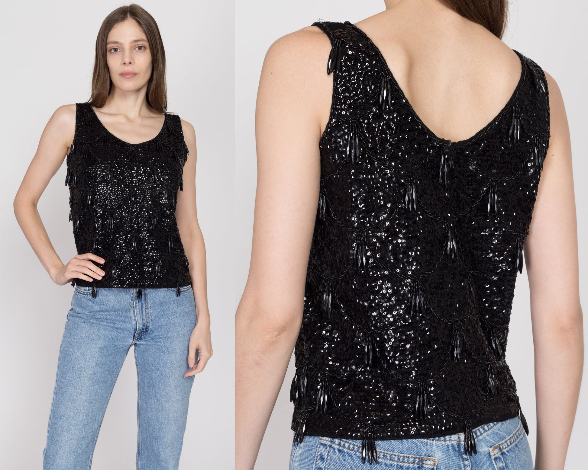 Sm-Med 1950s Black Beaded Tassel Top | Retro Vintage 50s 60s Glam Sequin Sleeveless Tank