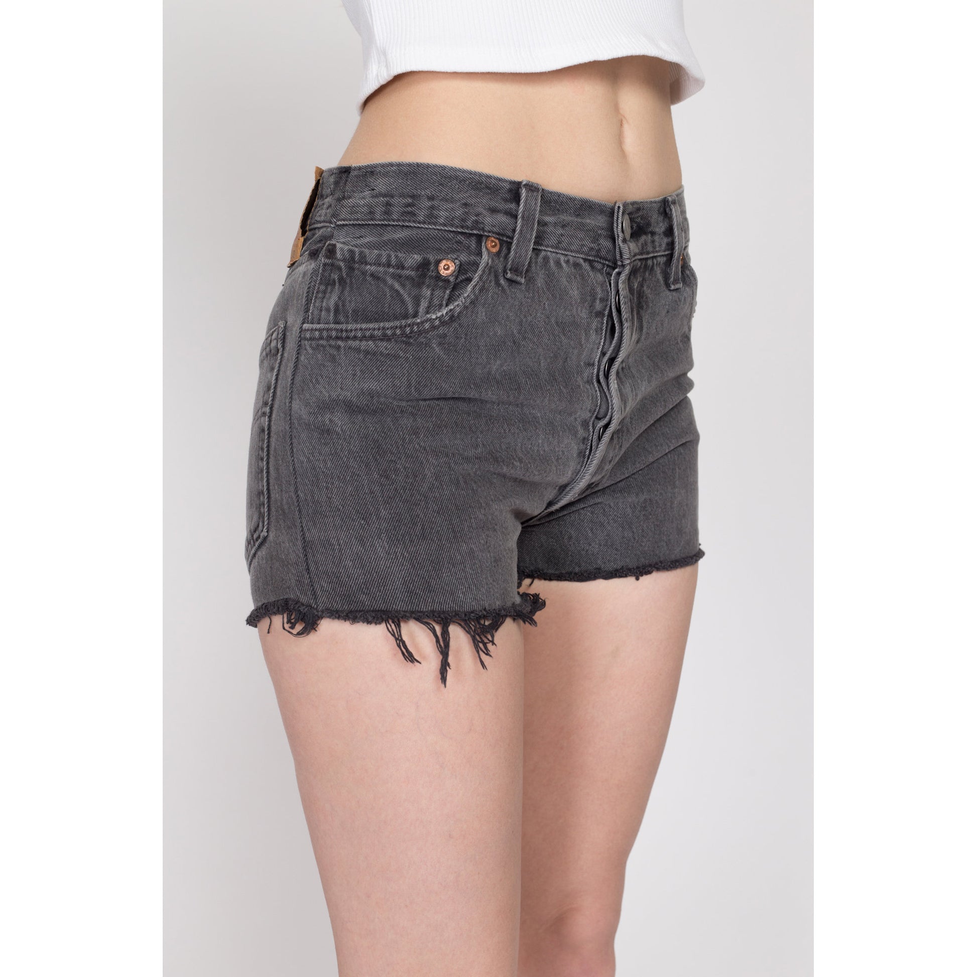 Small 90s Levis 501 Black Cut Off Jean Shorts 29" | Vintage Levi's Faded Denim High Waist Cutoffs