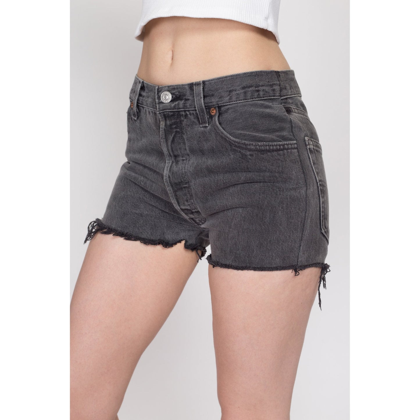 Small 90s Levis 501 Black Cut Off Jean Shorts 29" | Vintage Levi's Faded Denim High Waist Cutoffs