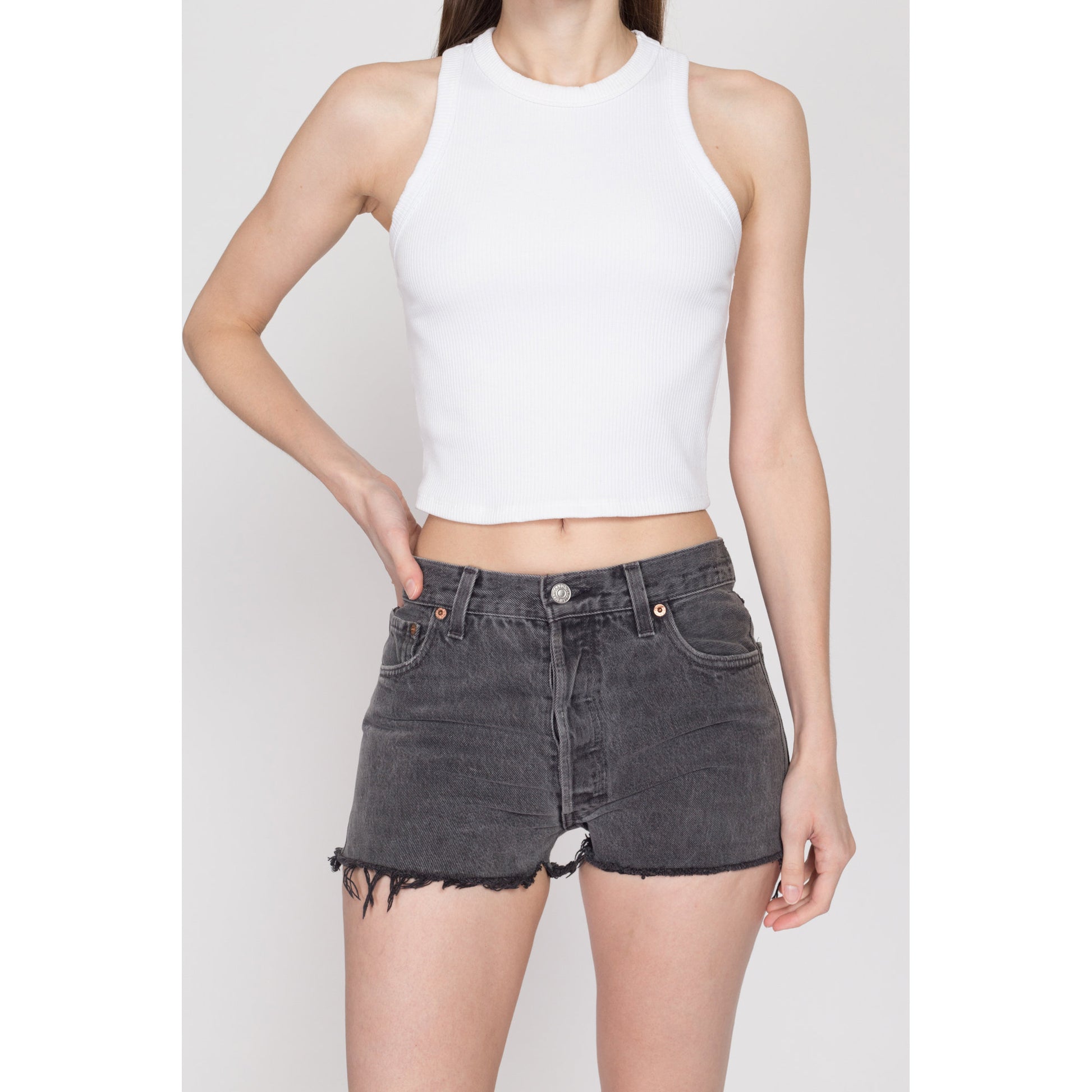 Small 90s Levis 501 Black Cut Off Jean Shorts 29" | Vintage Levi's Faded Denim High Waist Cutoffs