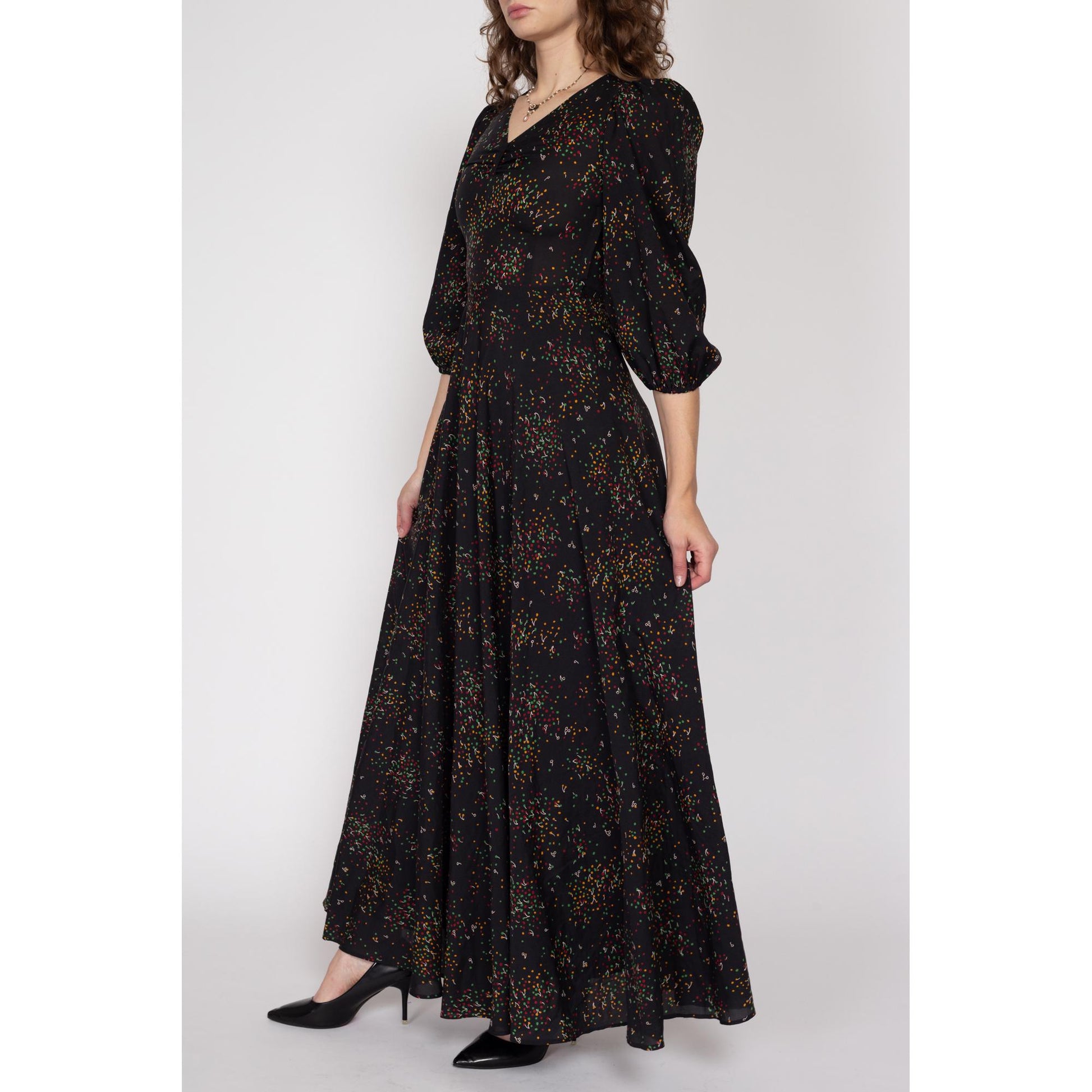 XS 70s Black Cherry Polka Dot Print Maxi Dress | Boho Vintage 3/4 Sleeve V Neck Fit & Flare Gown
