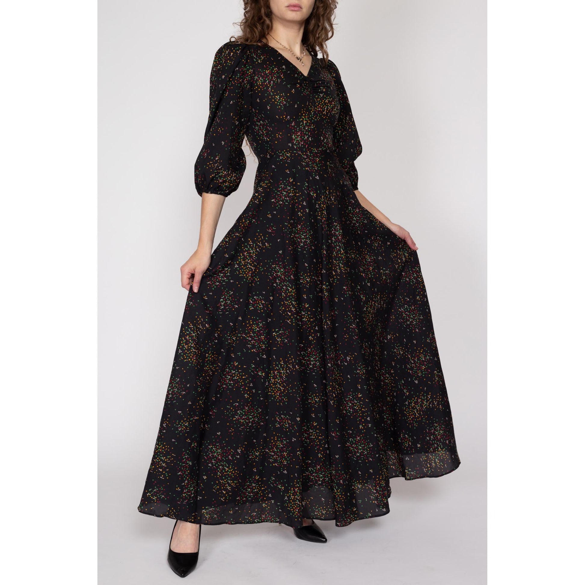 XS 70s Black Cherry Polka Dot Print Maxi Dress | Boho Vintage 3/4 Sleeve V Neck Fit & Flare Gown
