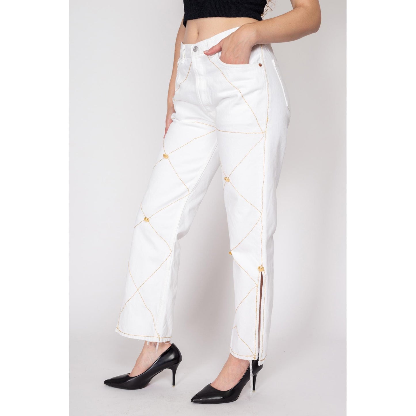 Medium Y2K Levis 501 White & Gold Embellished Jeans | Vintage Levi's Reworked Denim