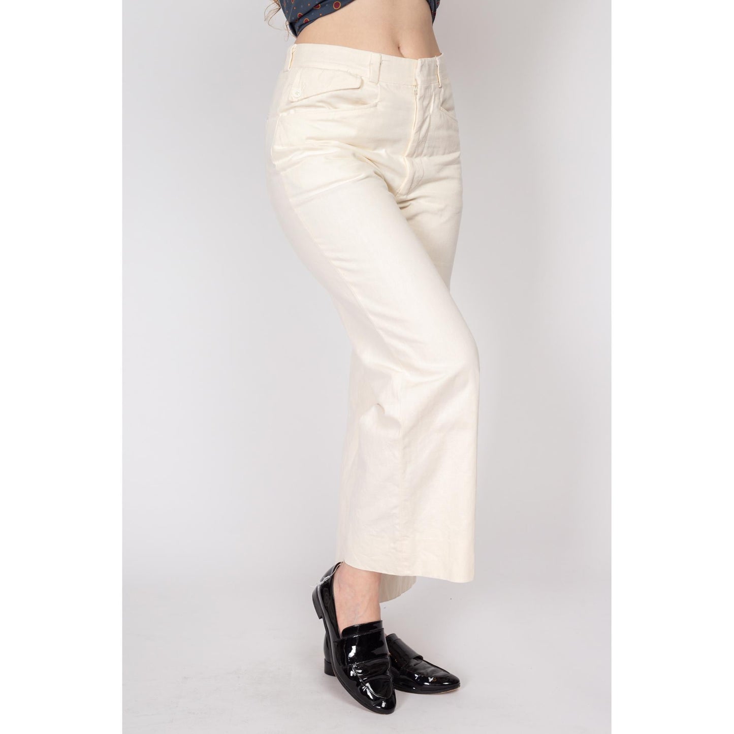 Sm-Med 70s Cream Flared Unisex Trousers 30" | Vintage Off-White High Waisted Flared Leg Pants
