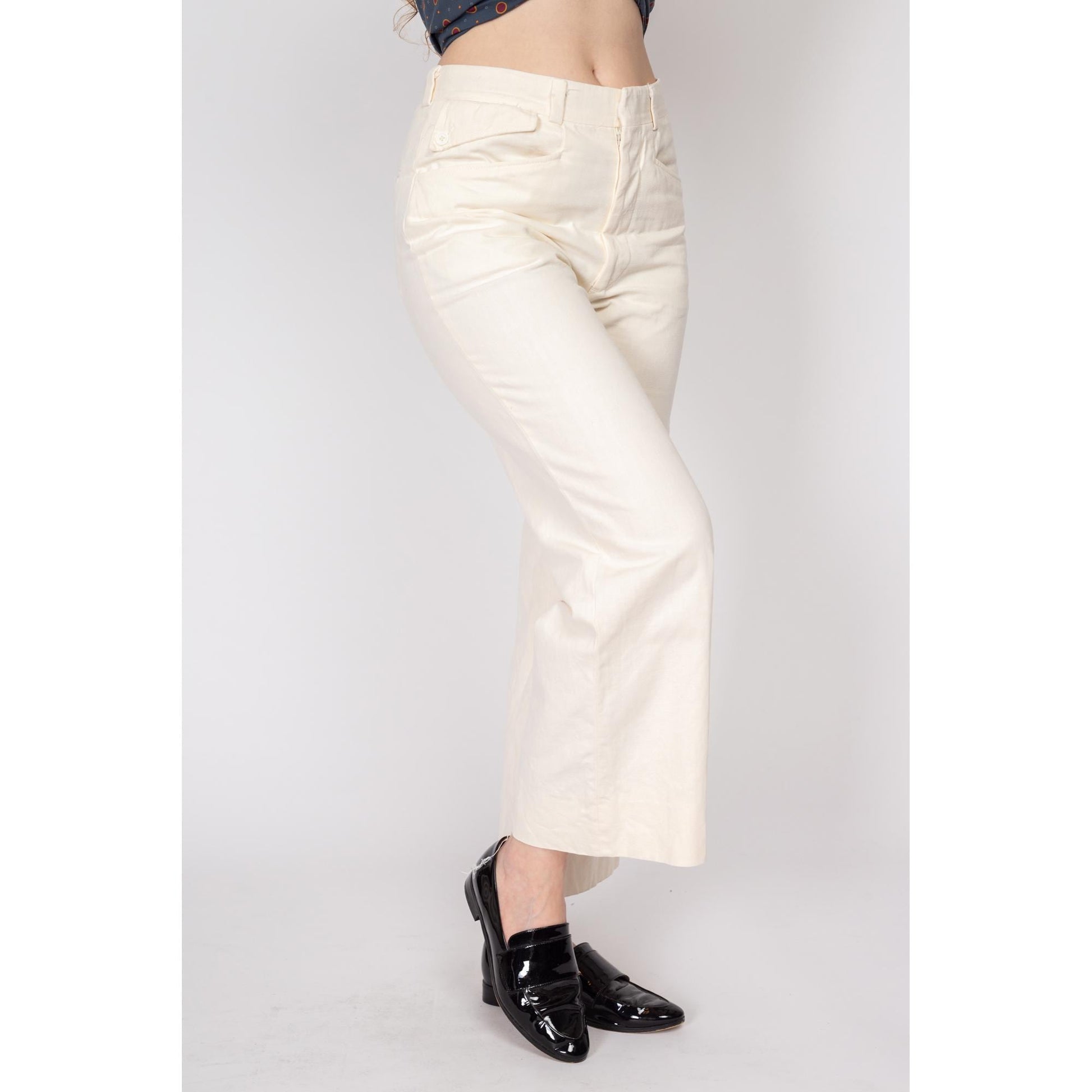 Sm-Med 70s Cream Flared Unisex Trousers 30" | Vintage Off-White High Waisted Flared Leg Pants
