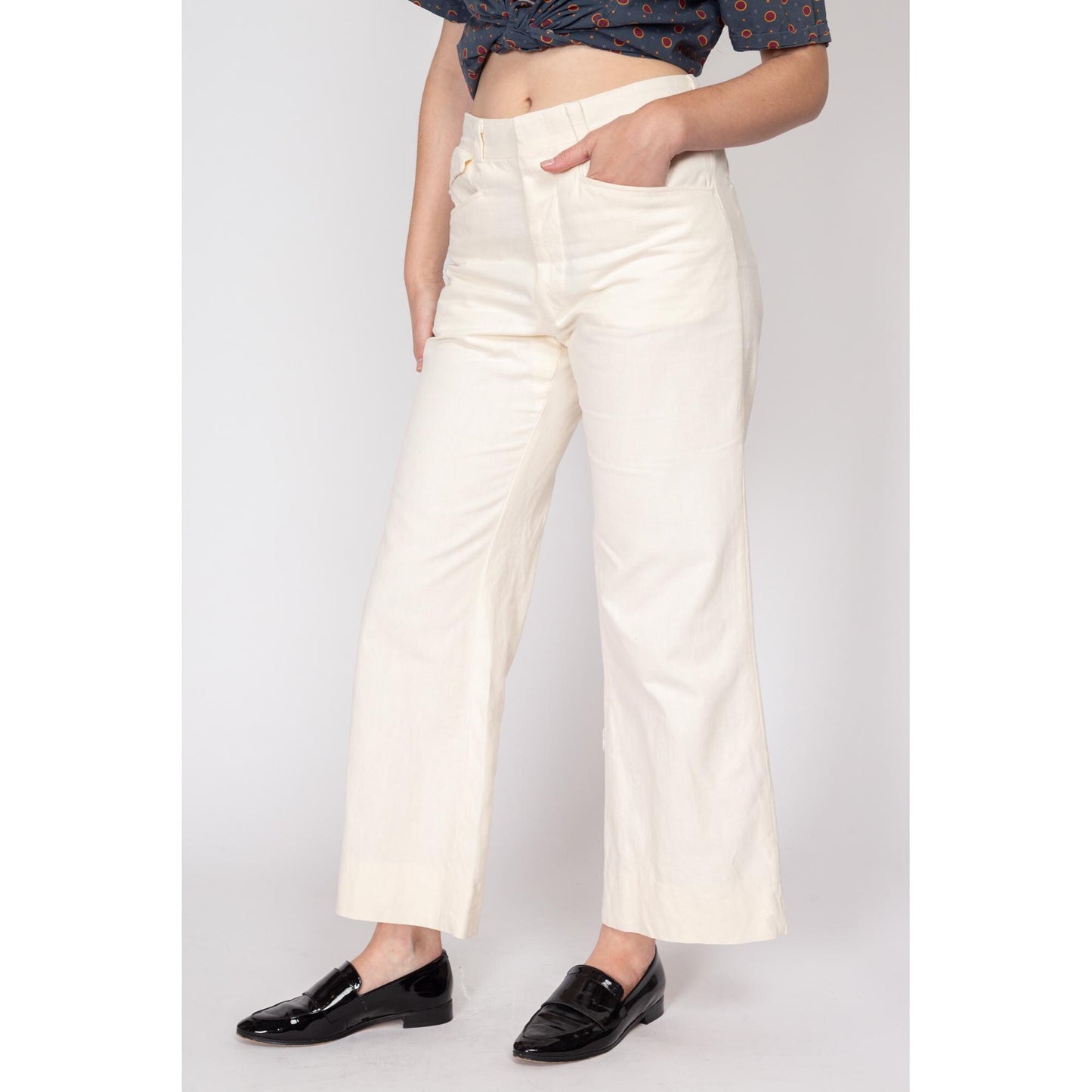 Sm-Med 70s Cream Flared Unisex Trousers 30" | Vintage Off-White High Waisted Flared Leg Pants