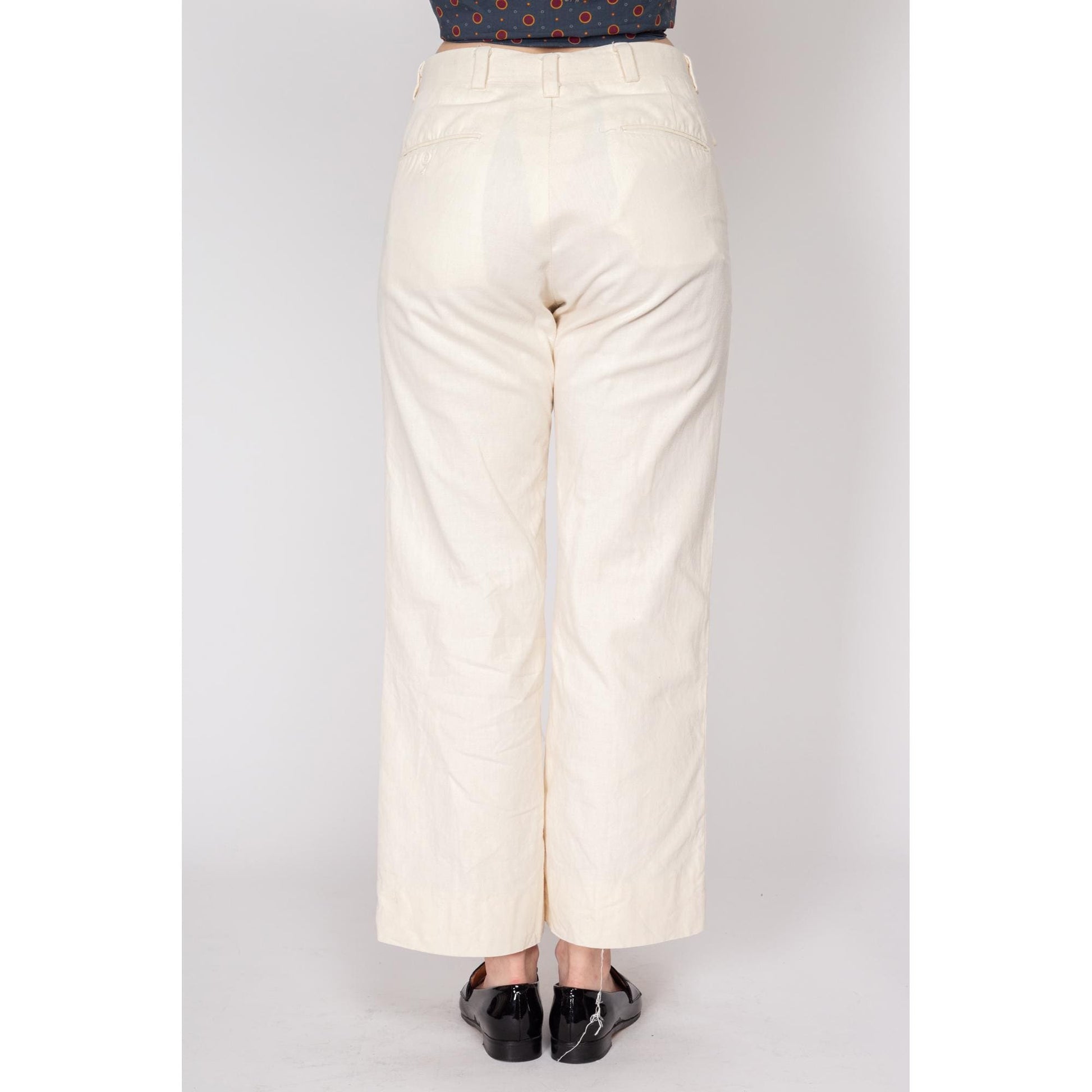 Sm-Med 70s Cream Flared Unisex Trousers 30" | Vintage Off-White High Waisted Flared Leg Pants