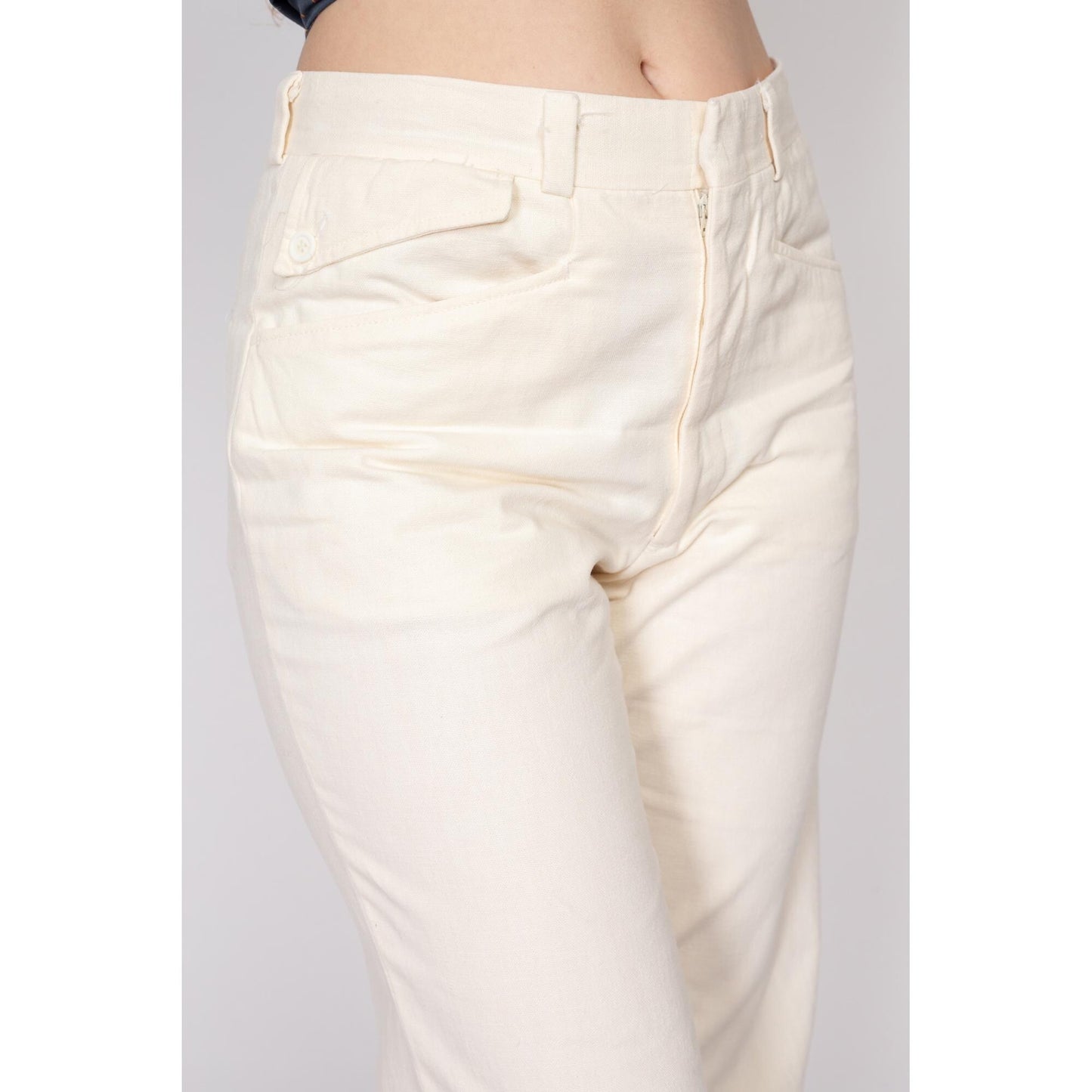 Sm-Med 70s Cream Flared Unisex Trousers 30" | Vintage Off-White High Waisted Flared Leg Pants