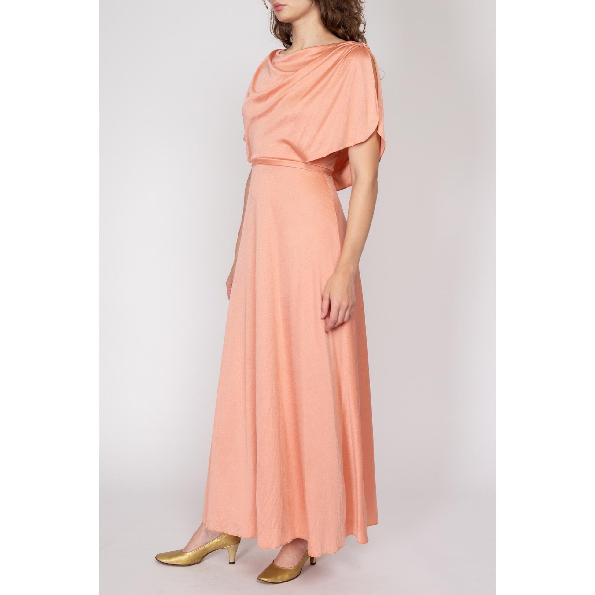 Small 70s Grecian Peach Draped Back Evening Gown | Vintage Blouson Boho Formal Maxi Dress