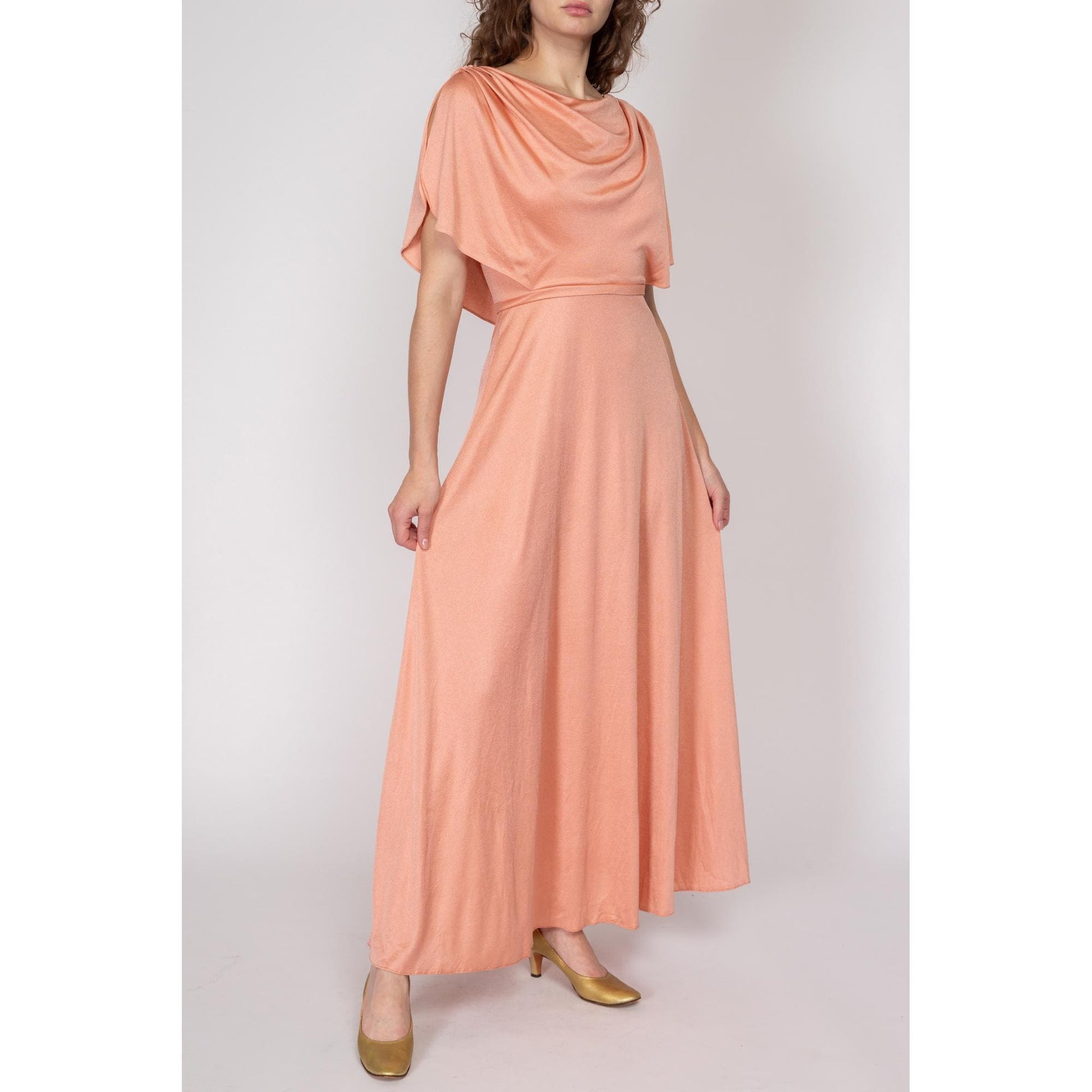 Small 70s Grecian Peach Draped Back Evening Gown | Vintage Blouson Boho Formal Maxi Dress