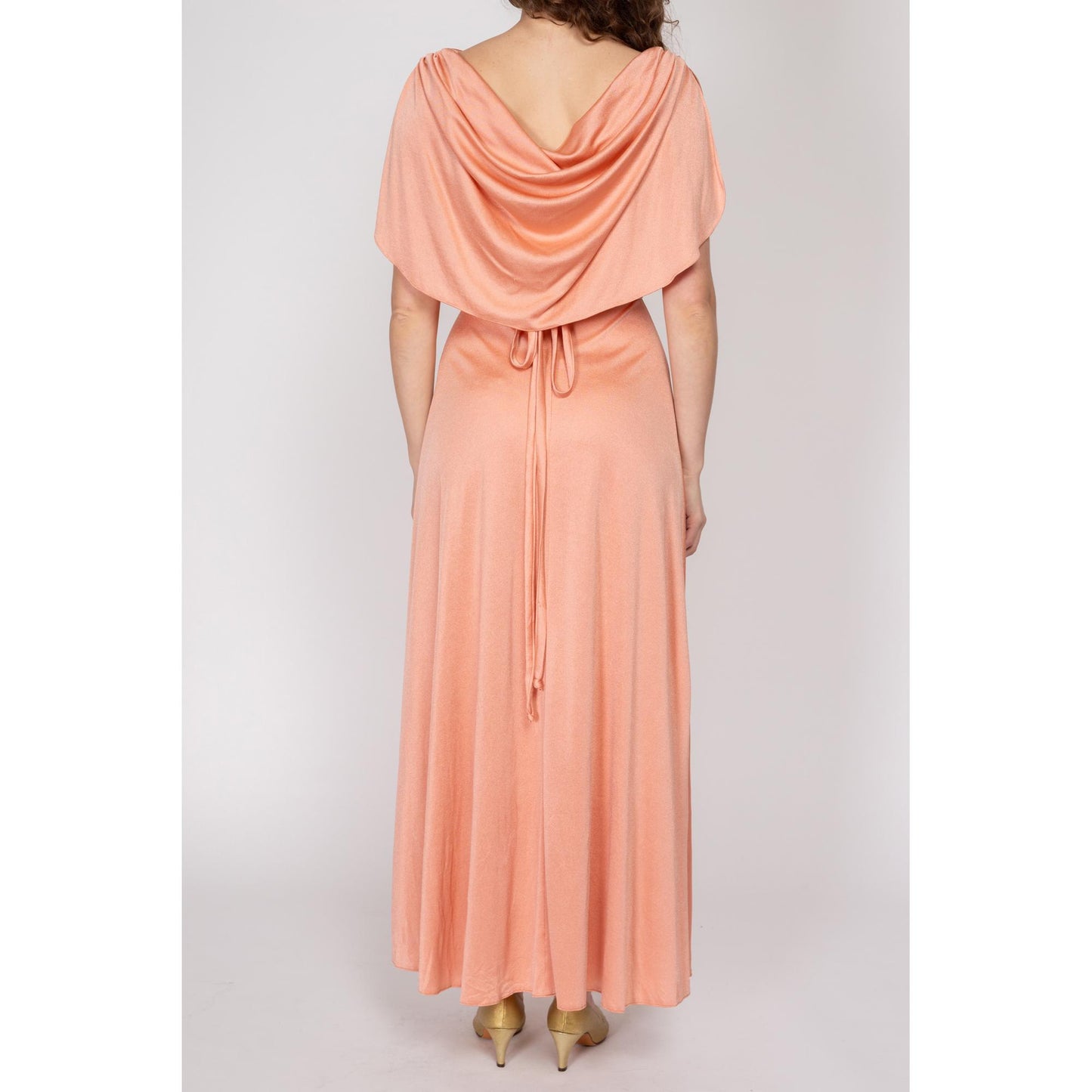 Small 70s Grecian Peach Draped Back Evening Gown | Vintage Blouson Boho Formal Maxi Dress