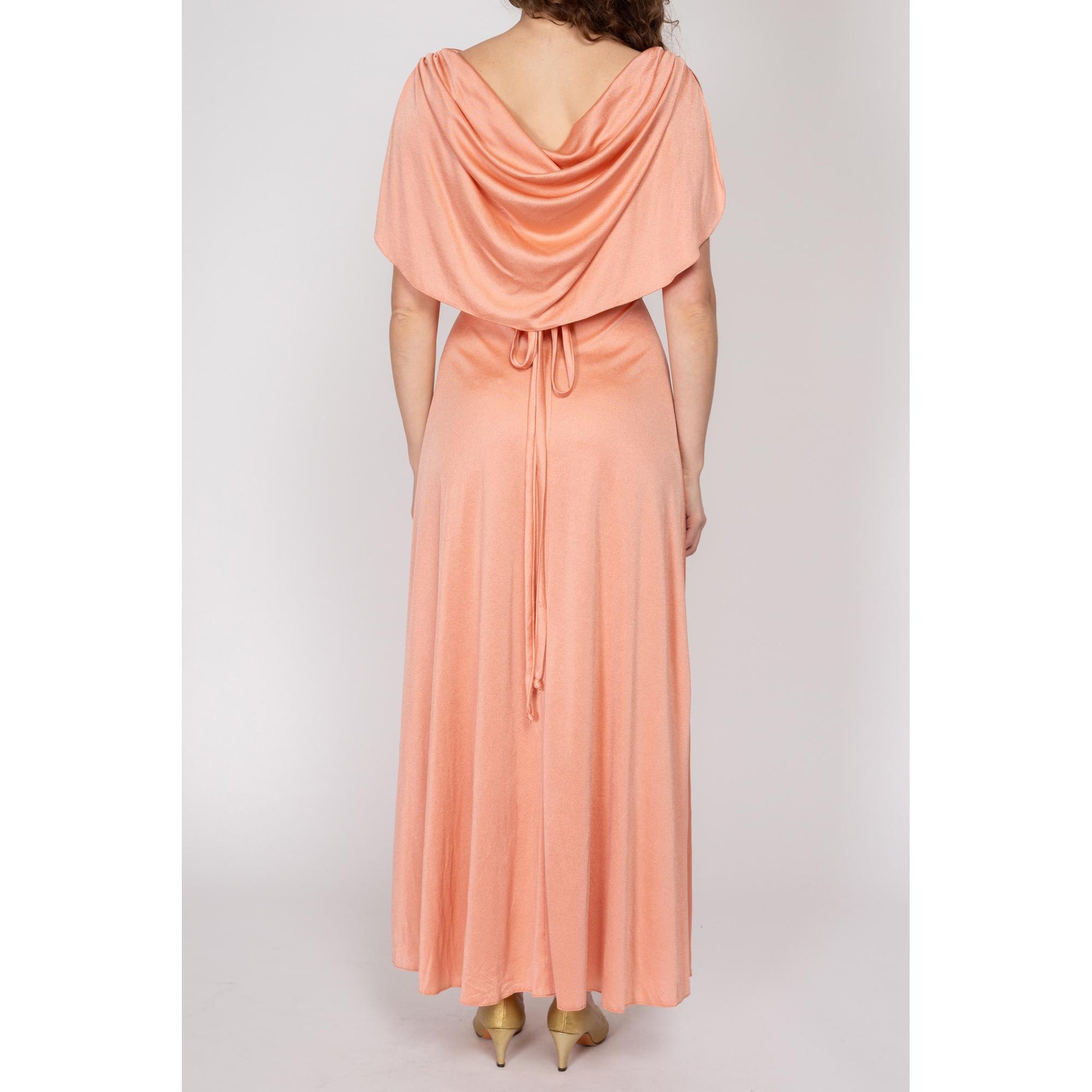 Small 70s Grecian Peach Draped Back Evening Gown | Vintage Blouson Boho Formal Maxi Dress