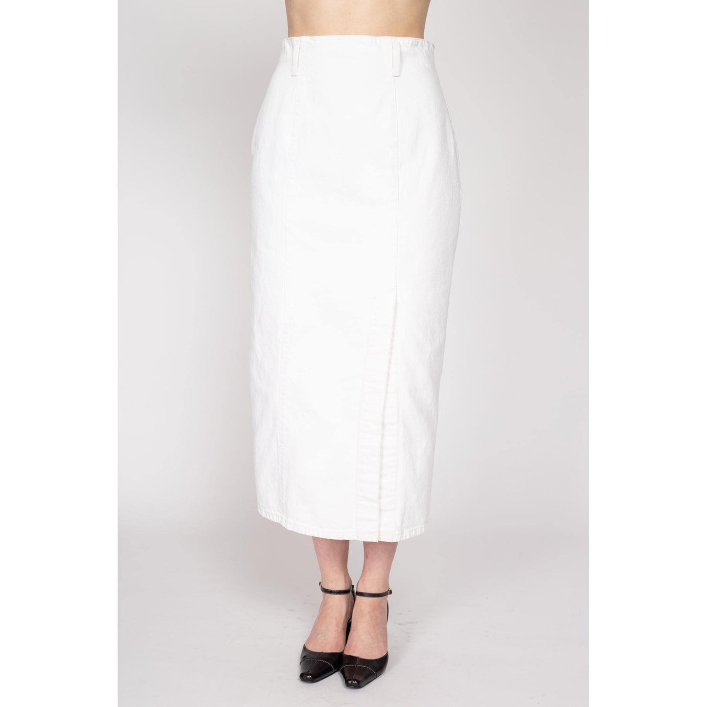 Medium 80s Guess White Denim Maxi Skirt 28" | Vintage High Waisted Fitted Long Jean Skirt