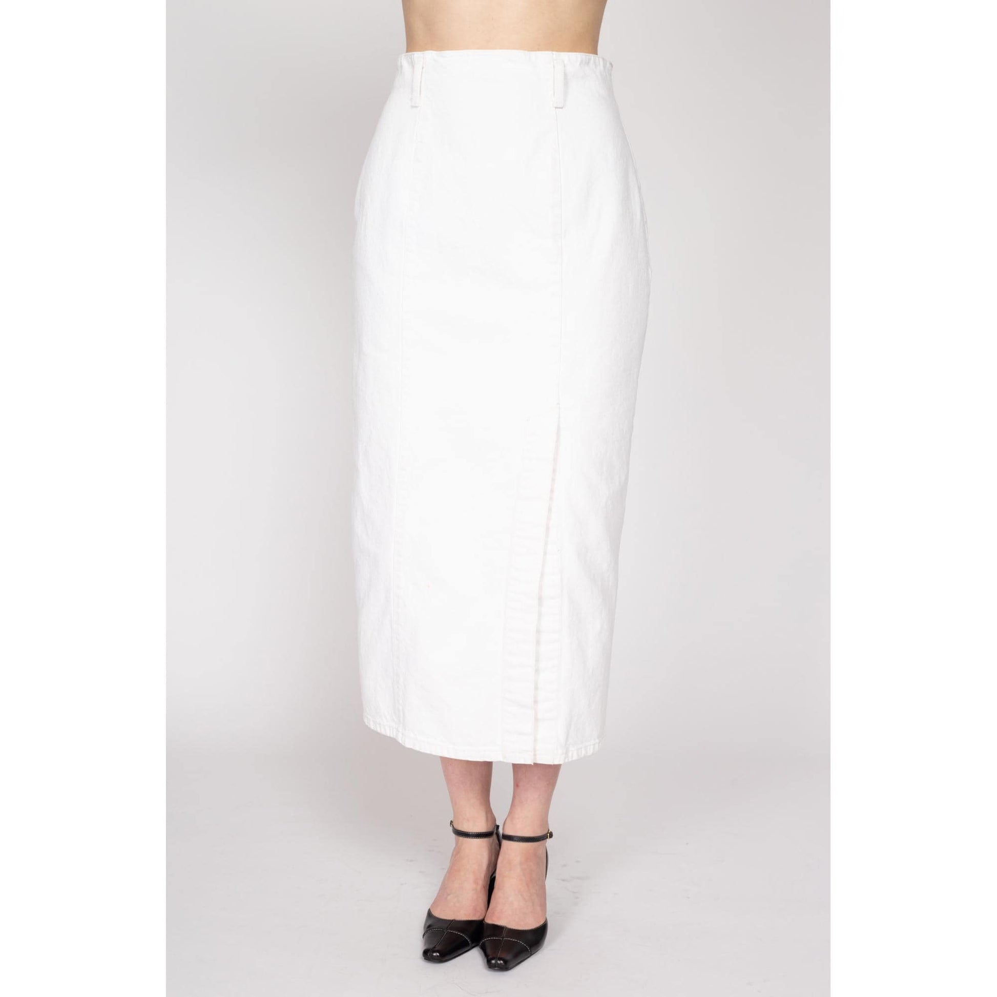 Medium 80s Guess White Denim Maxi Skirt 28" | Vintage High Waisted Fitted Long Jean Skirt