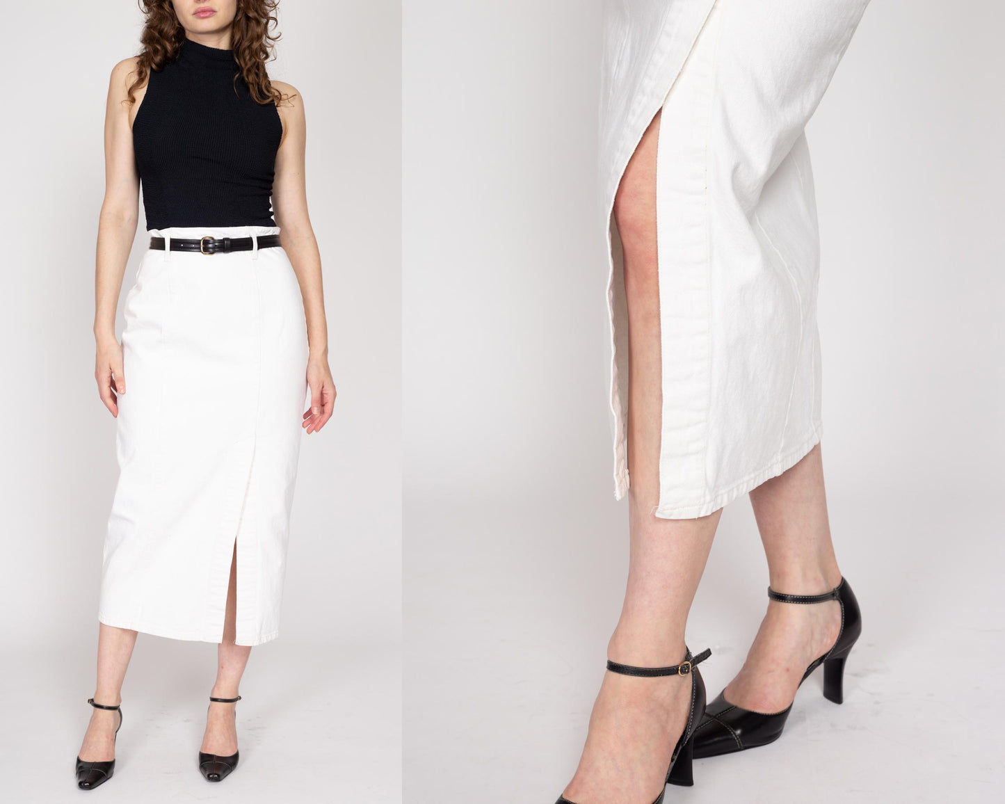 Medium 80s Guess White Denim Maxi Skirt 28" | Vintage High Waisted Fitted Long Jean Skirt