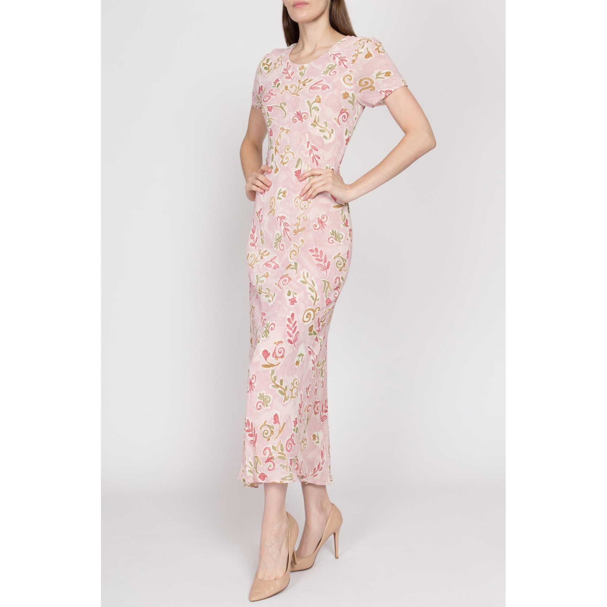 Small 90s Pink Floral Bias Cut Maxi Dress Flying Apple Vintage Small 90s Pink Floral Bias Cut Maxi Dress Flying Apple Vintage