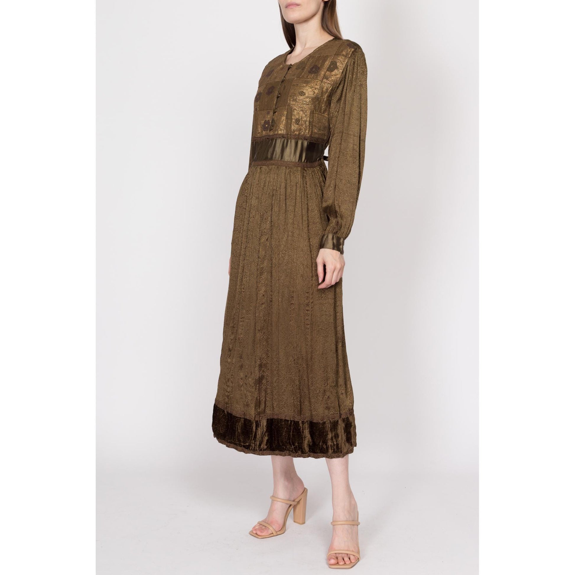 Sm-Med 90s Boho Olive Brocade Maxi Dress Sm-Med 90s Boho Olive Brocade Maxi Dress
