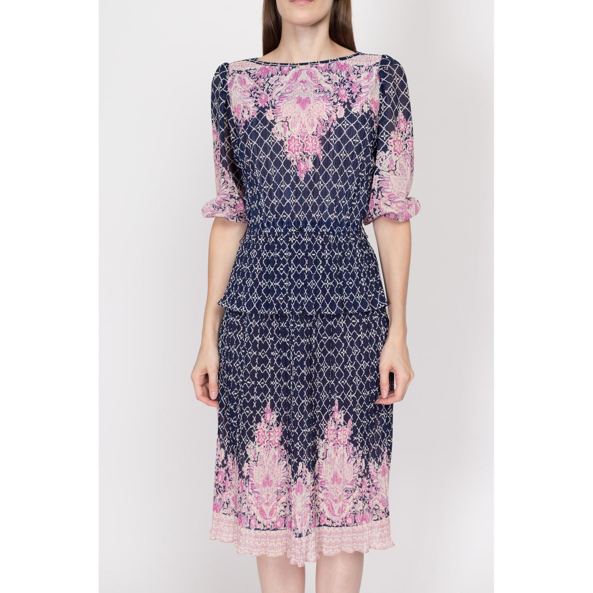 Sm-Med 70s Blue Pink Plisse Peplum Midi Dress – Flying Apple Vintage