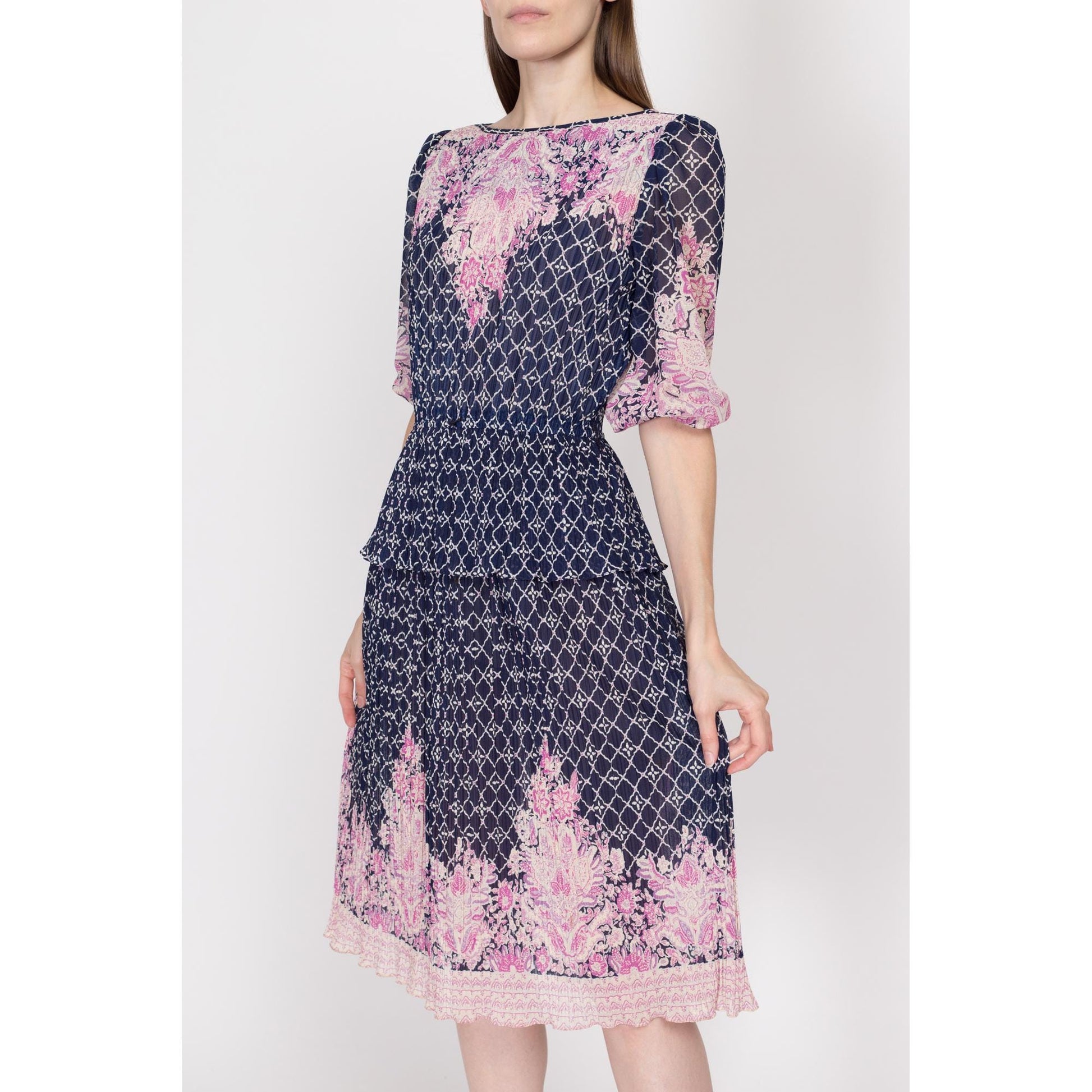 70s Blue & Pink Plisse Peplum Midi Dress - Small to Medium Flying Apple Vintage 70s Blue & Pink Plisse Peplum Midi Dress - Small to Medium Flying Apple Vintage