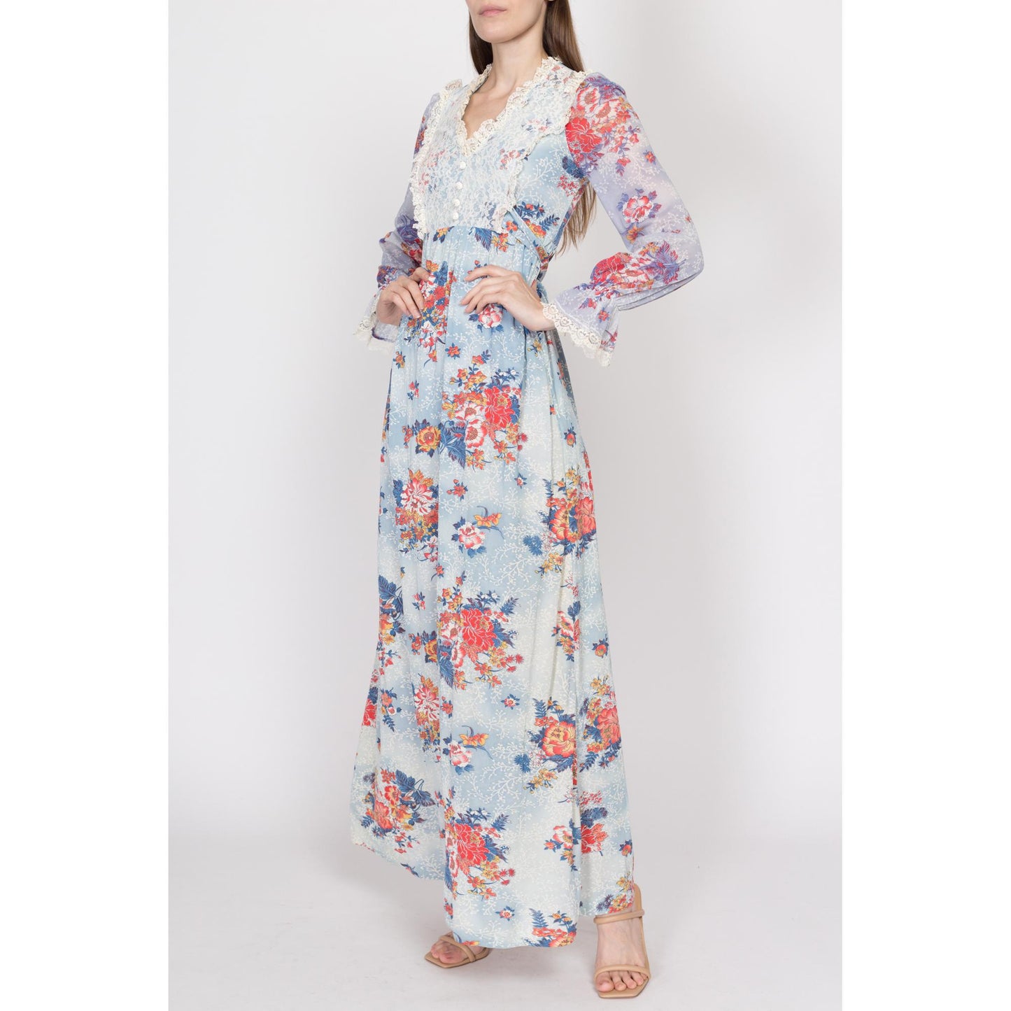 XS 70s Boho Blue Floral Cloudy Sky Maxi Dress | Vintage Long Sleeve Lace Bib A Line Prairie Hippie Gown
