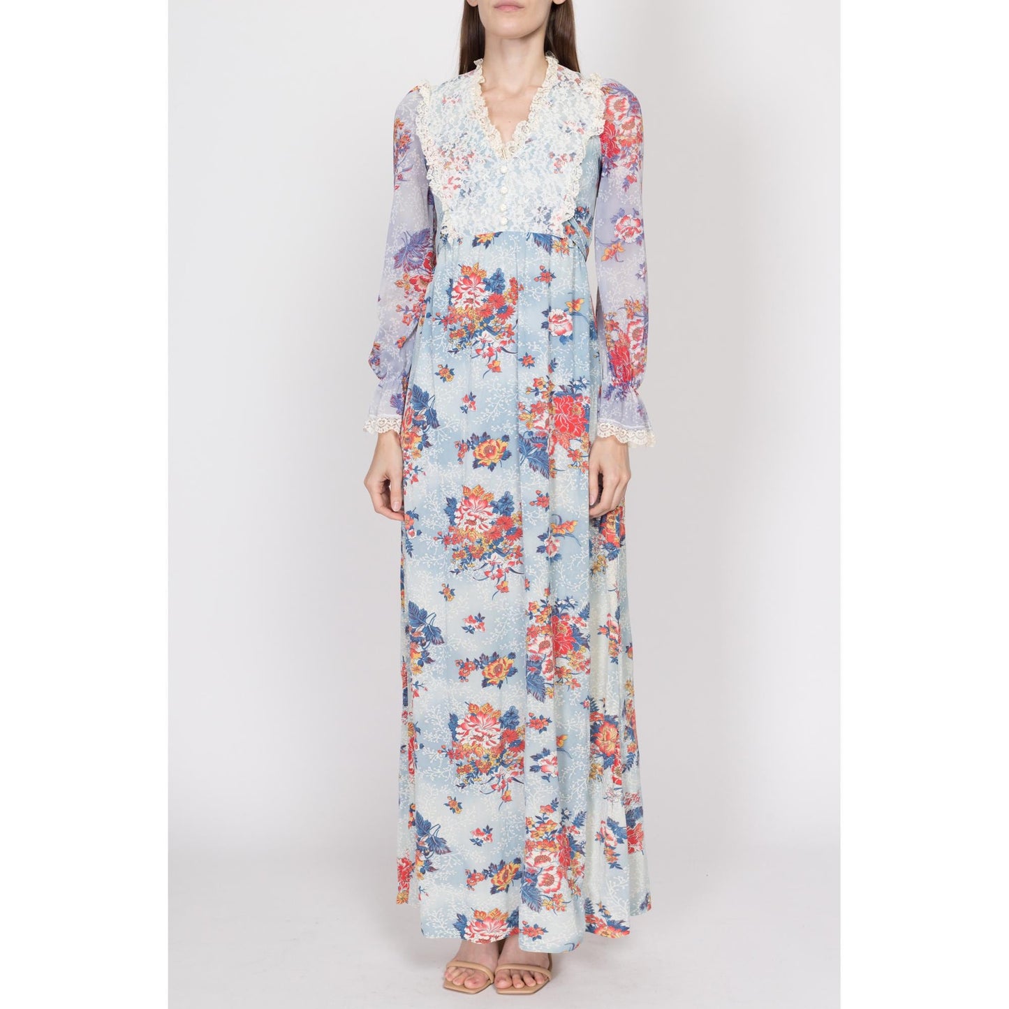 XS 70s Boho Blue Floral Cloudy Sky Maxi Dress | Vintage Long Sleeve Lace Bib A Line Prairie Hippie Gown