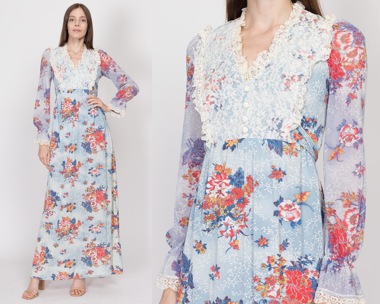 XS 70s Boho Blue Floral Cloudy Sky Maxi Dress | Vintage Long Sleeve Lace Bib A Line Prairie Hippie Gown