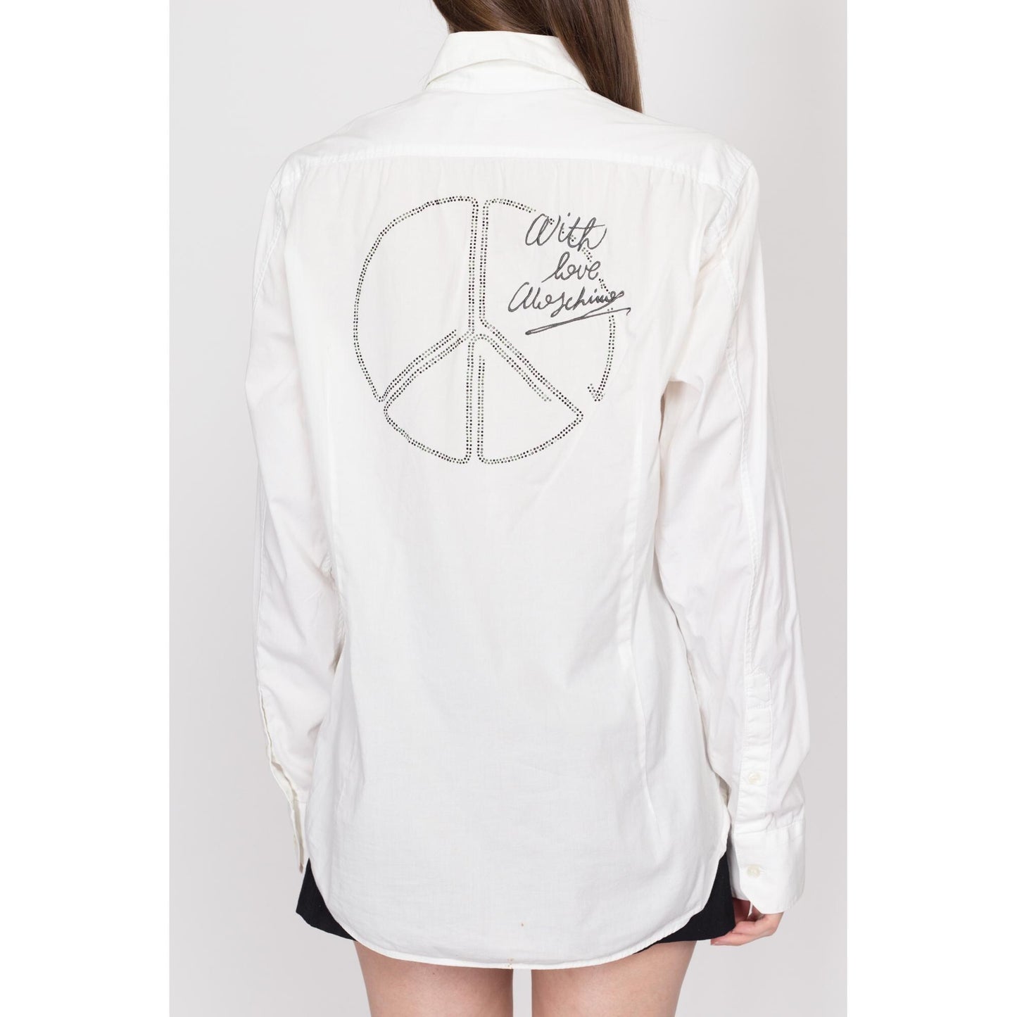 Med-Lrg Love Moschino Peace Sign Men's Collared Shirt | Y2K White Button Up Long Sleeve Designer Top