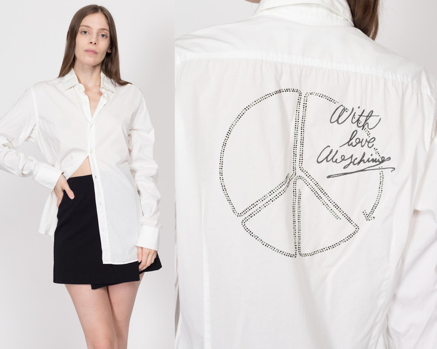 Med-Lrg Love Moschino Peace Sign Men's Collared Shirt | Y2K White Button Up Long Sleeve Designer Top