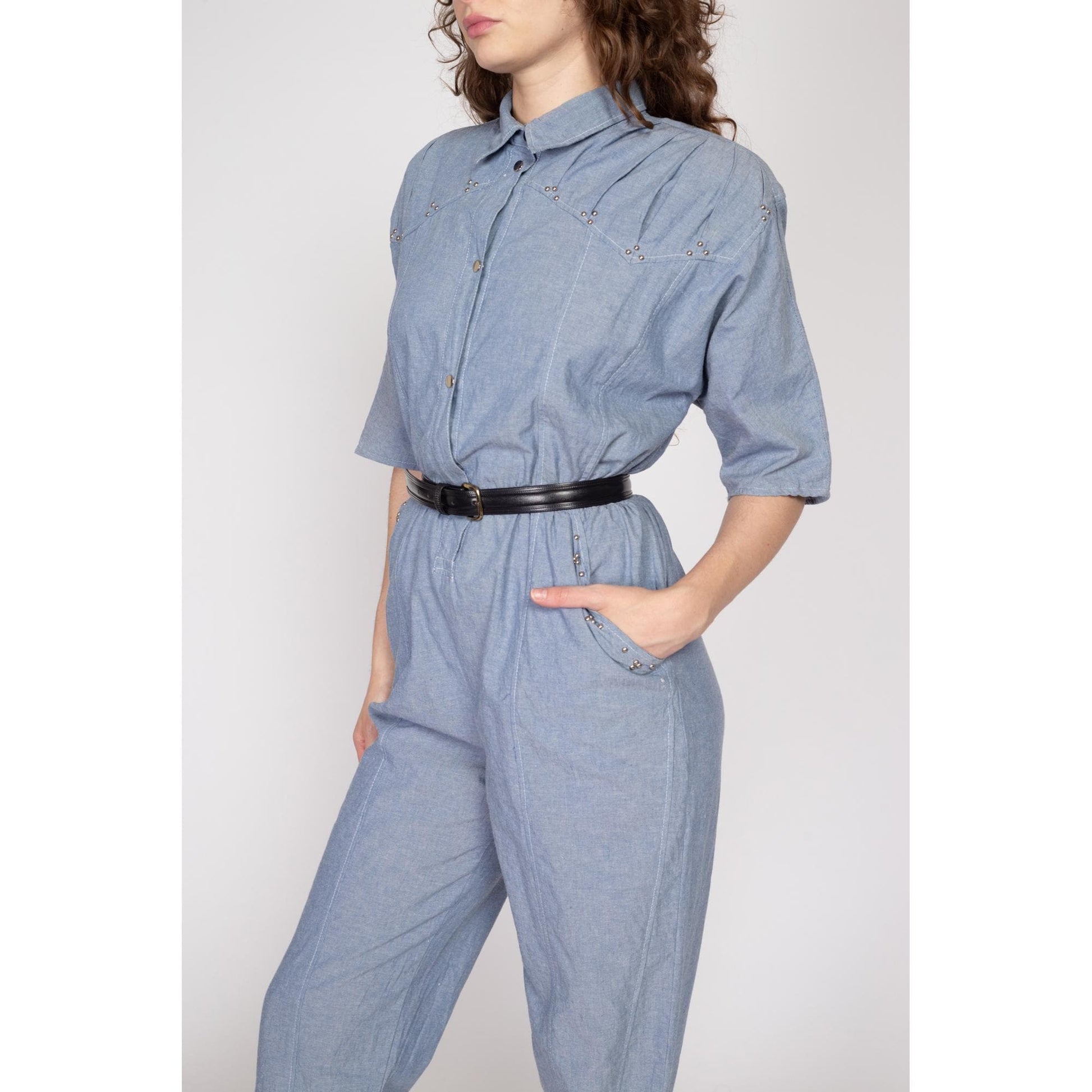 Med-Lrg 80s Chambray Devil Brigade Jumpsuit | Vintage Blue Collared Tapered Leg Flight Suit