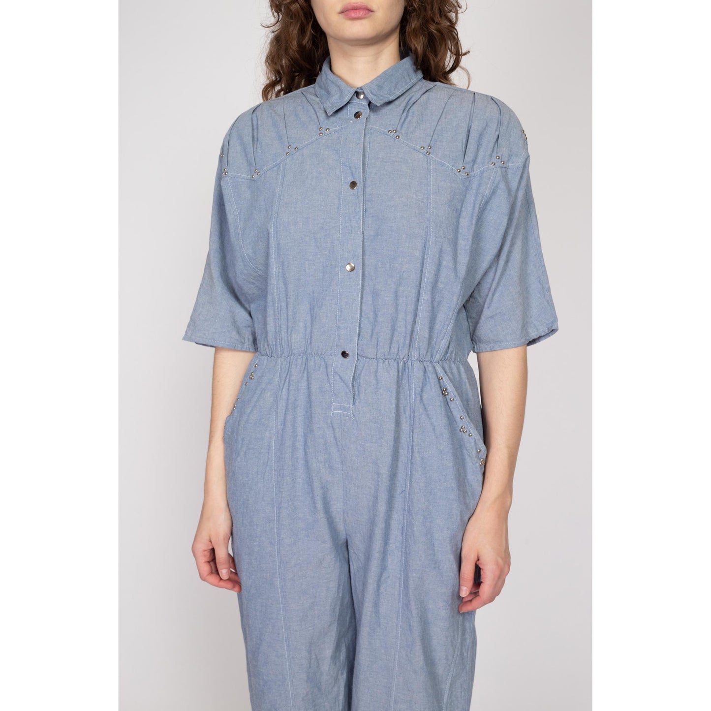Med-Lrg 80s Chambray Devil Brigade Jumpsuit | Vintage Blue Collared Tapered Leg Flight Suit