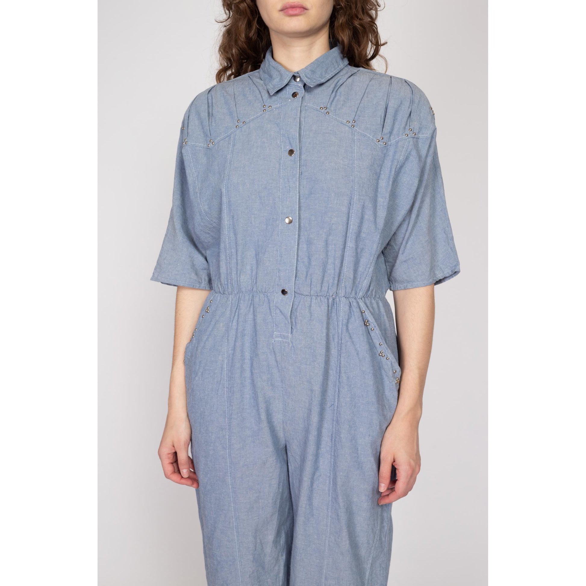 Med-Lrg 80s Chambray Devil Brigade Jumpsuit | Vintage Blue Collared Tapered Leg Flight Suit