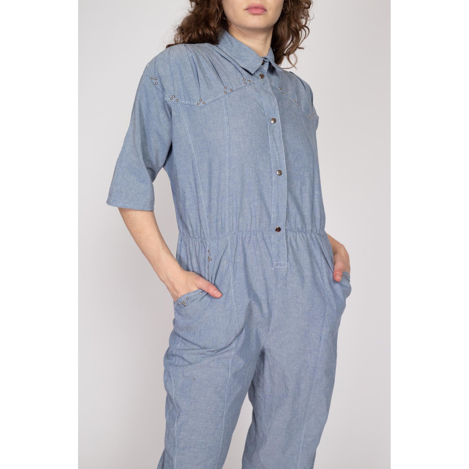 Med-Lrg 80s Chambray Devil Brigade Jumpsuit | Vintage Blue Collared Tapered Leg Flight Suit