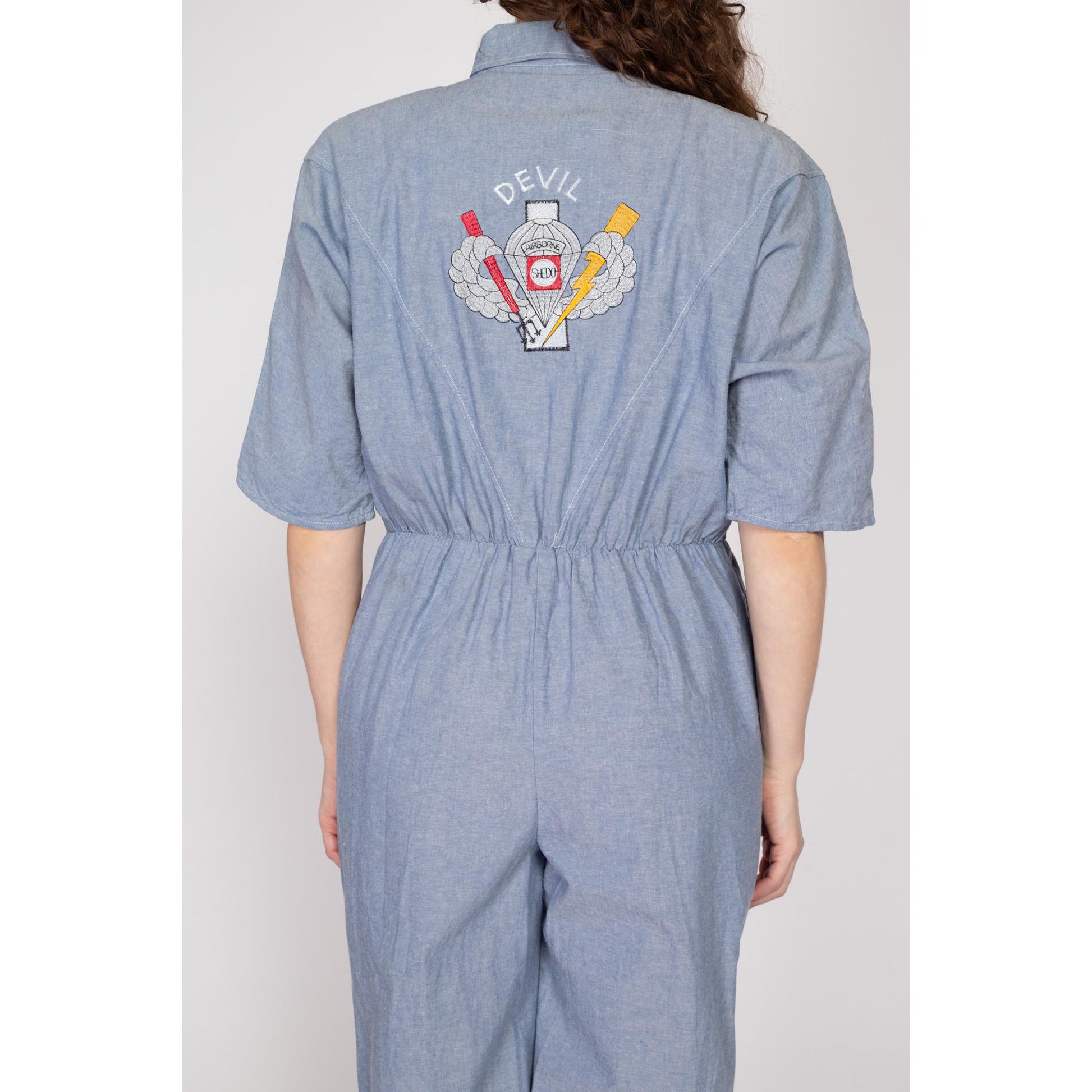 Med-Lrg 80s Chambray Devil Brigade Jumpsuit | Vintage Blue Collared Tapered Leg Flight Suit