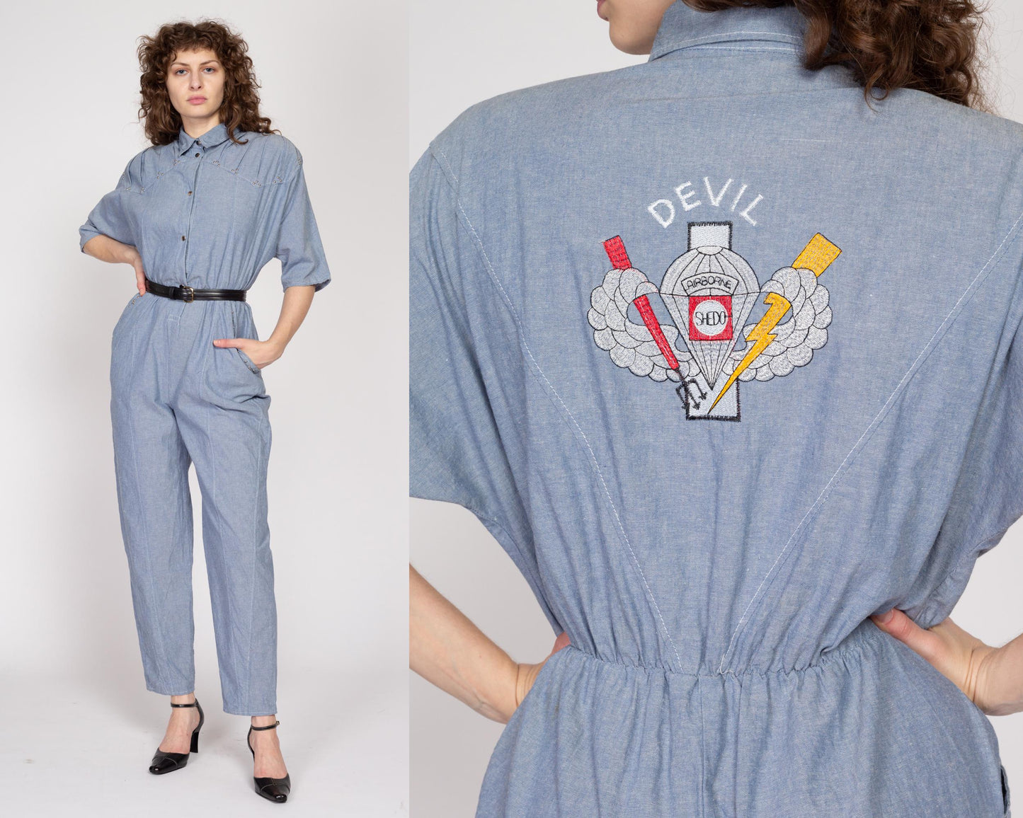 Med-Lrg 80s Chambray Devil Brigade Jumpsuit | Vintage Blue Collared Tapered Leg Flight Suit