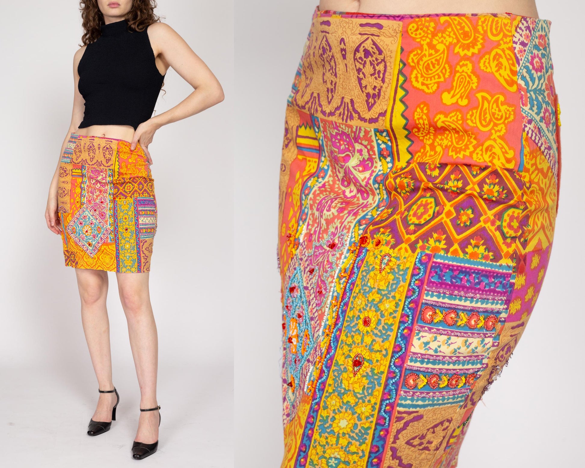 Small 90s Baroque Patchwork Print Beaded Mini Skirt | Vintage Mid Rise Boho Fitted Pencil Miniskirt