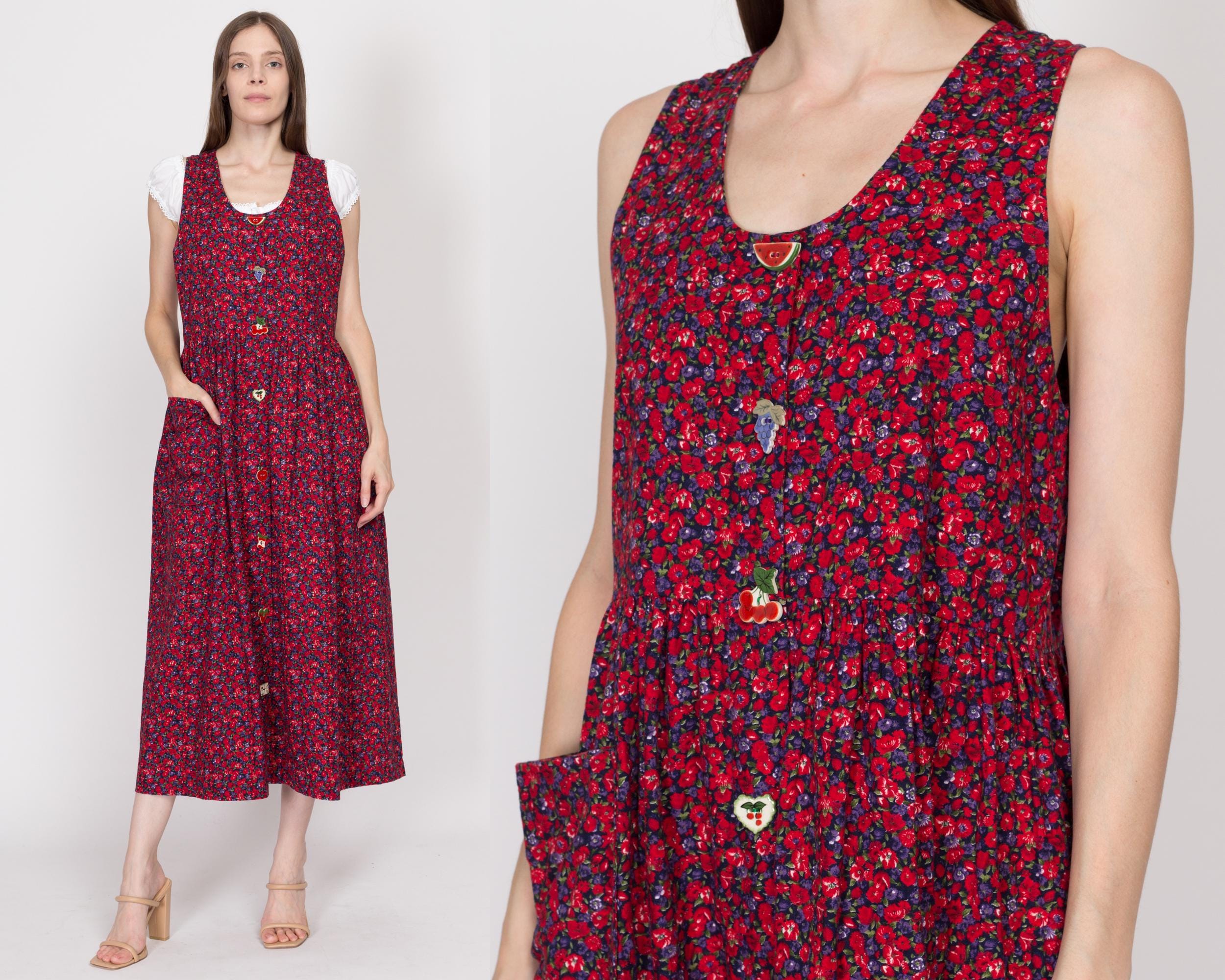 Sm Med 80s Red Floral Fruit Button Pinafore Dress