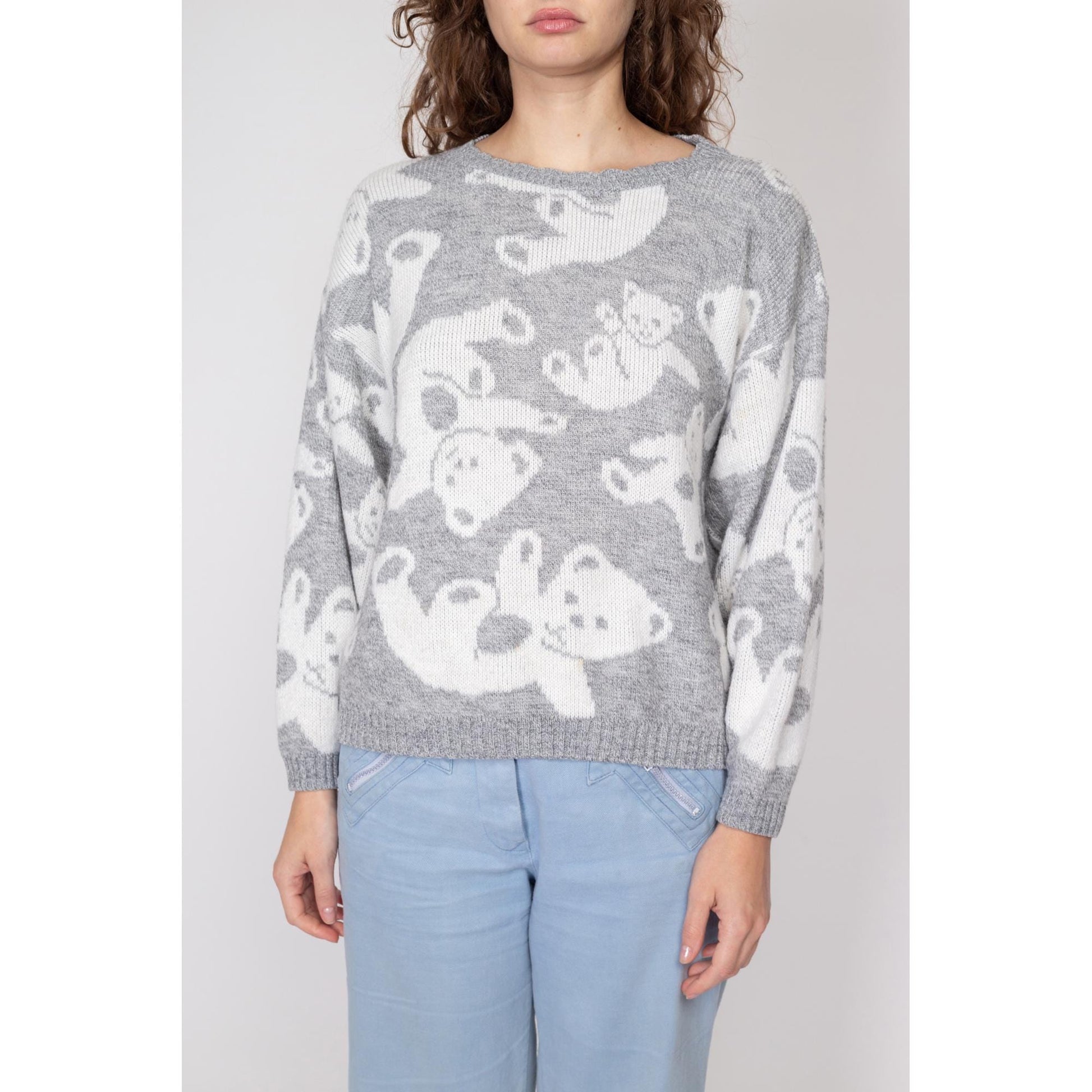 Large 80s Teddy Bear Novelty Knit Sweater | Vintage Grey White Cute Animal Pullover