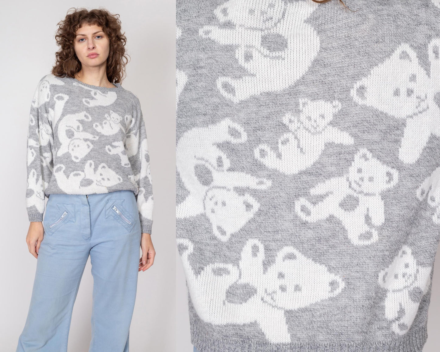 Large 80s Teddy Bear Novelty Knit Sweater | Vintage Grey White Cute Animal Pullover