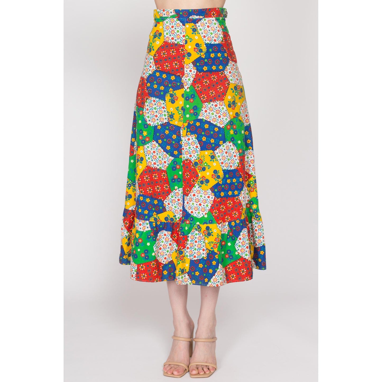 XS 70s Boho Floral Patchwork Midi Skirt | Vintage Colorful A Line Ruffle Trim Hippie Skirt