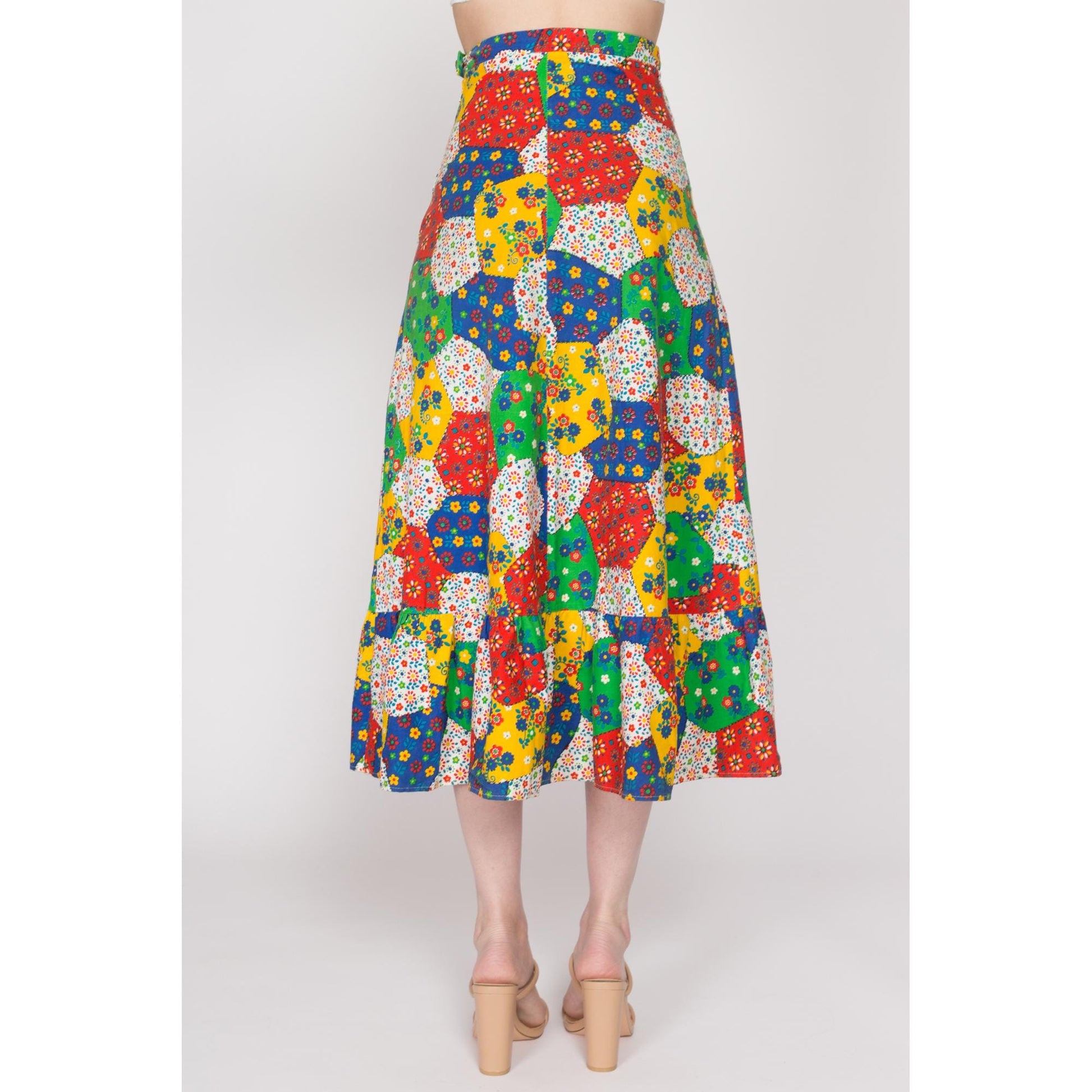 XS 70s Boho Floral Patchwork Midi Skirt | Vintage Colorful A Line Ruffle Trim Hippie Skirt